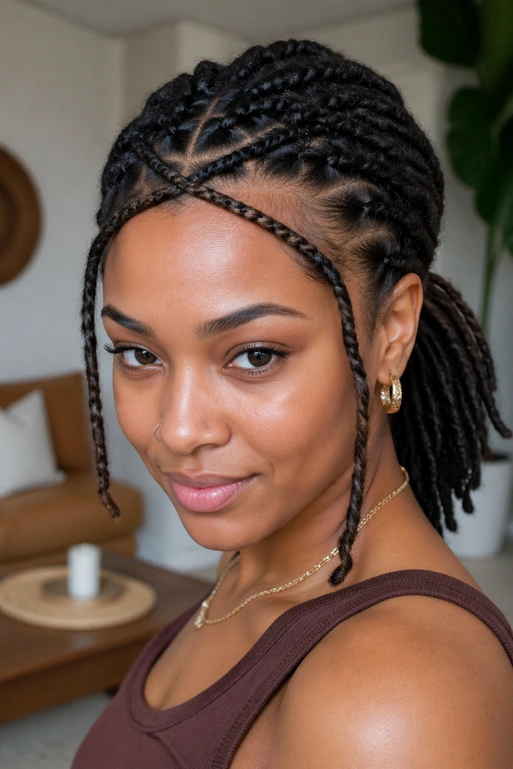 Real person with front crisscross detail over low ponytail.