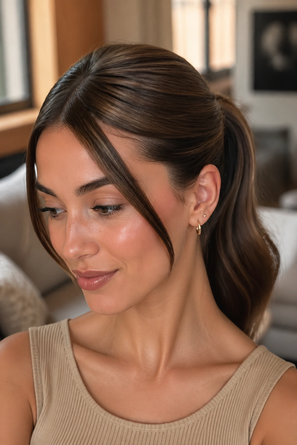 Close-up of a real woman with crisscross front double swoop ponytail.