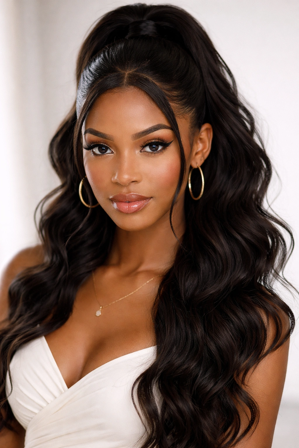 Front view of crisscross front weave ponytail showing crisscross detail