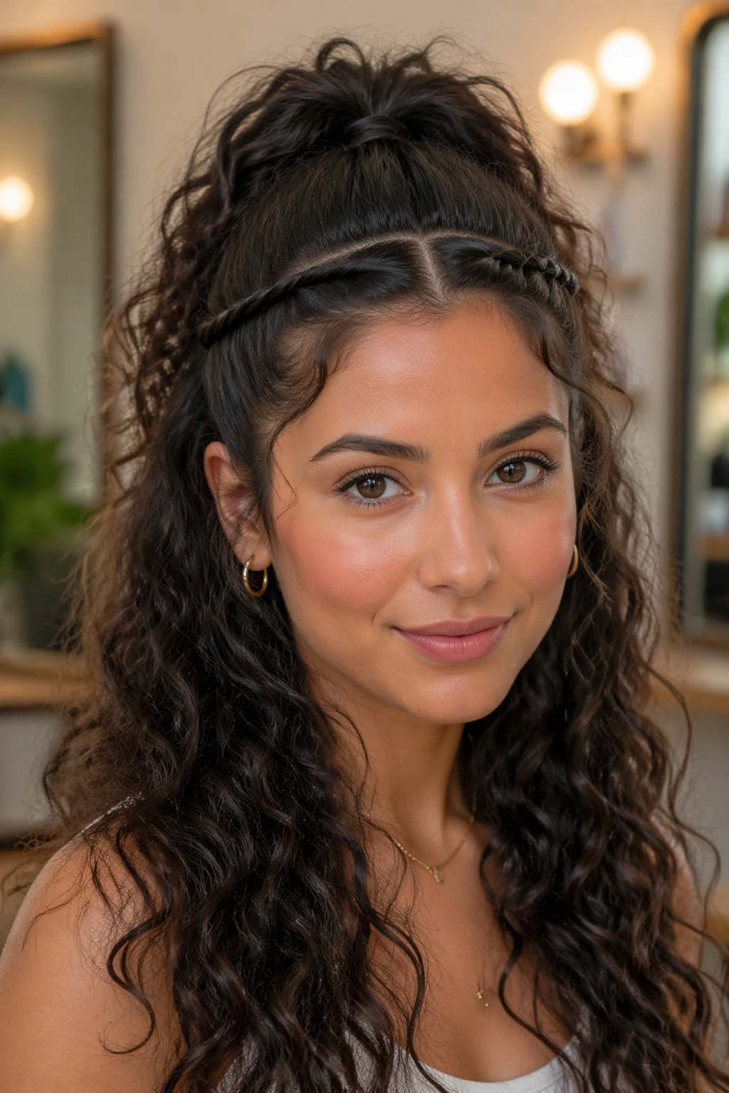 Portrait of The Crisscross Half Ponytail showing crossing strands at the crown.
