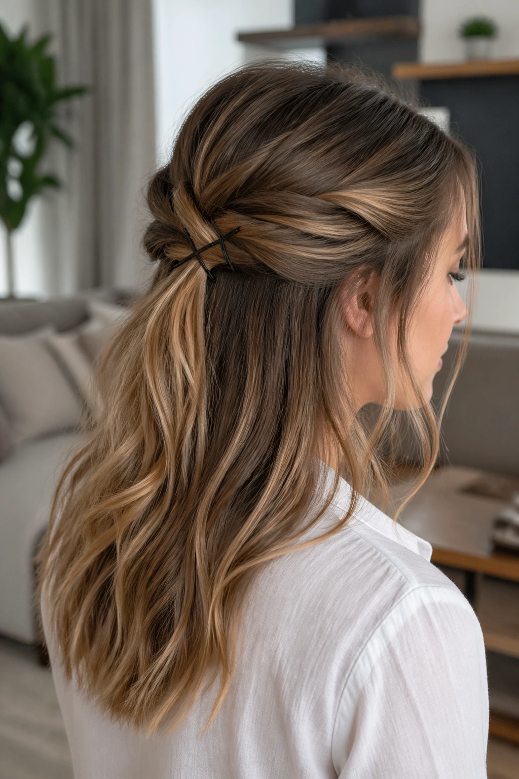 Close-up of a real woman's head showing a crisscross half-up hairstyle with pins