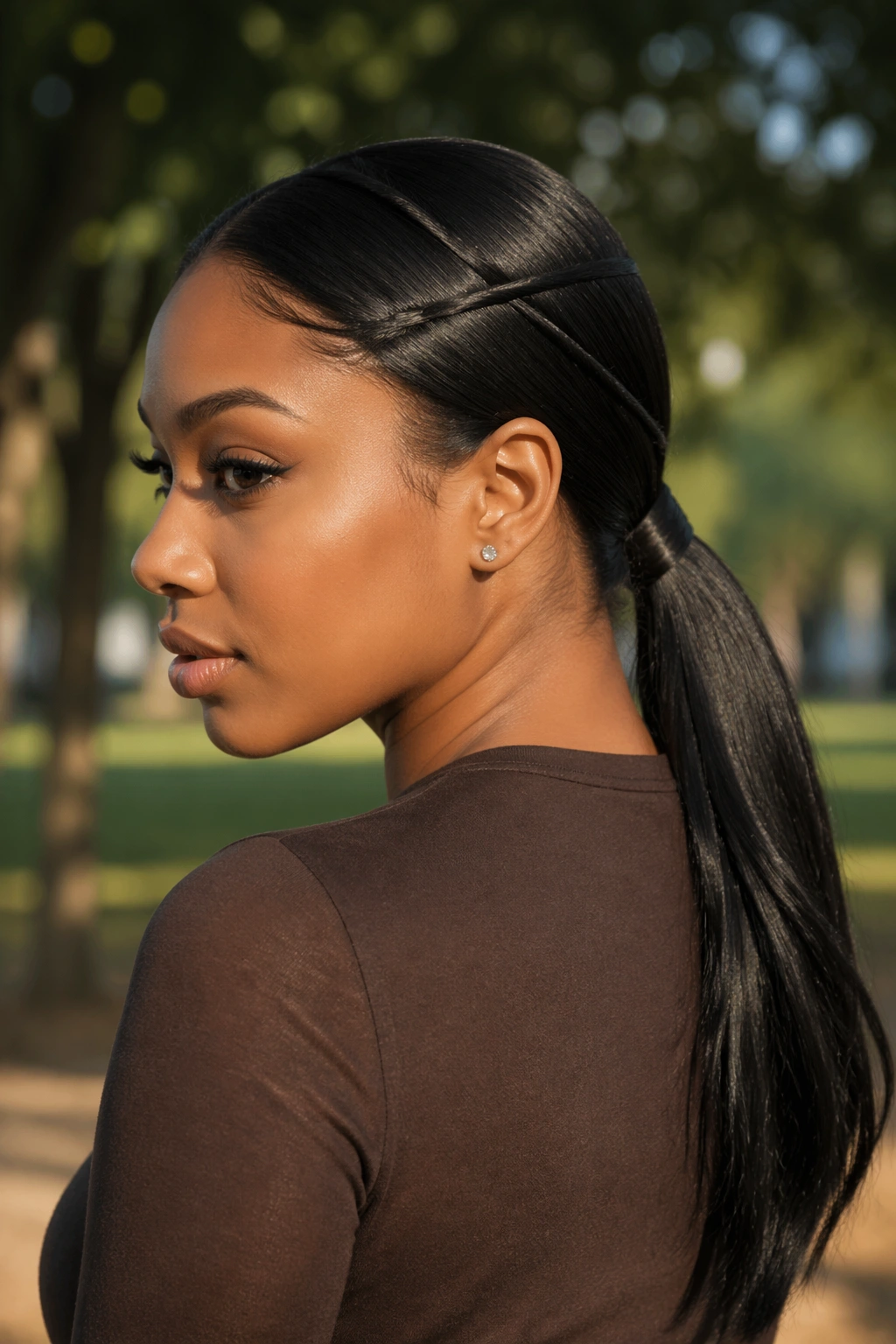 Real woman with crisscross base in a low ponytail in a park