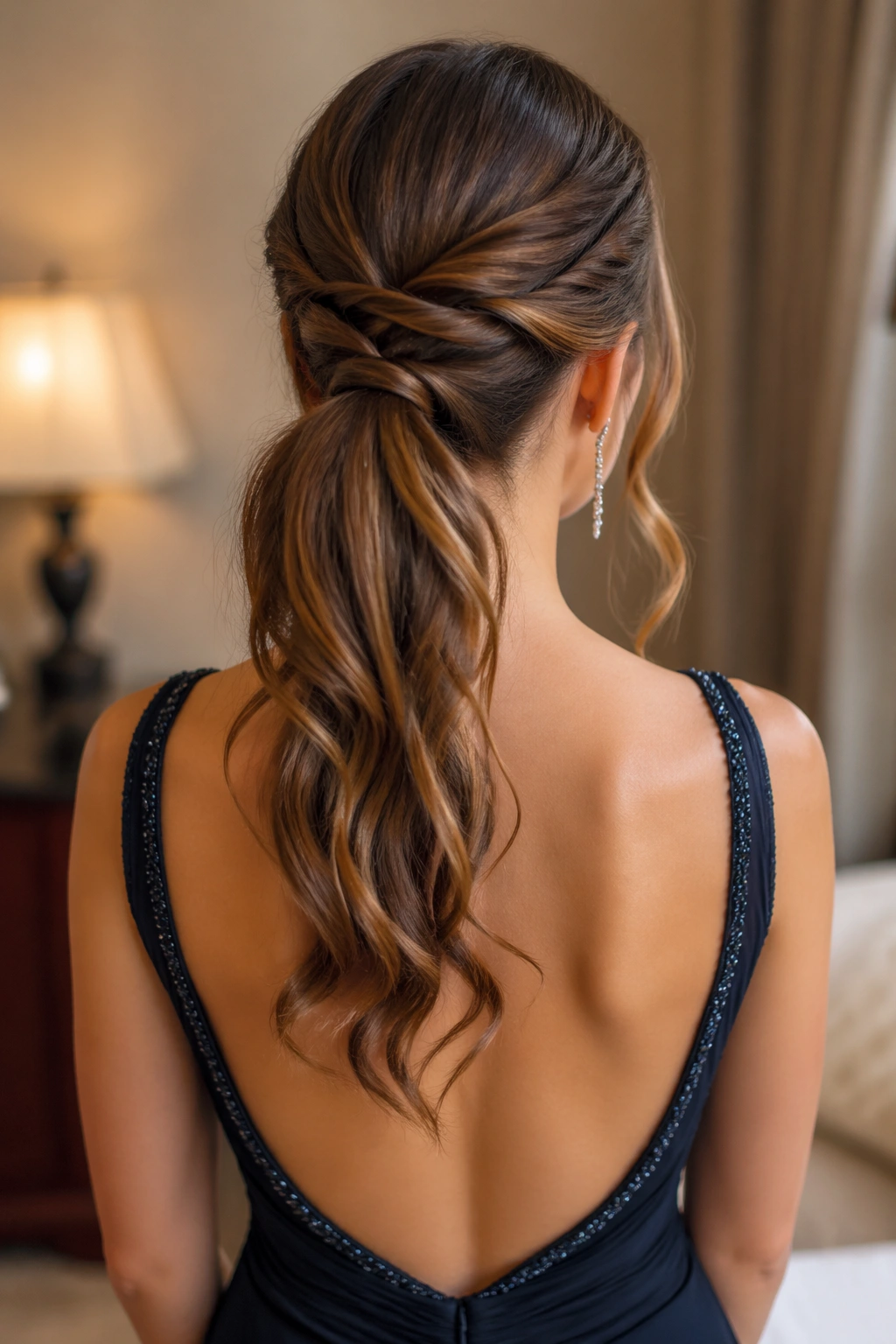 Back view of a real woman with crisscross-back mid ponytail