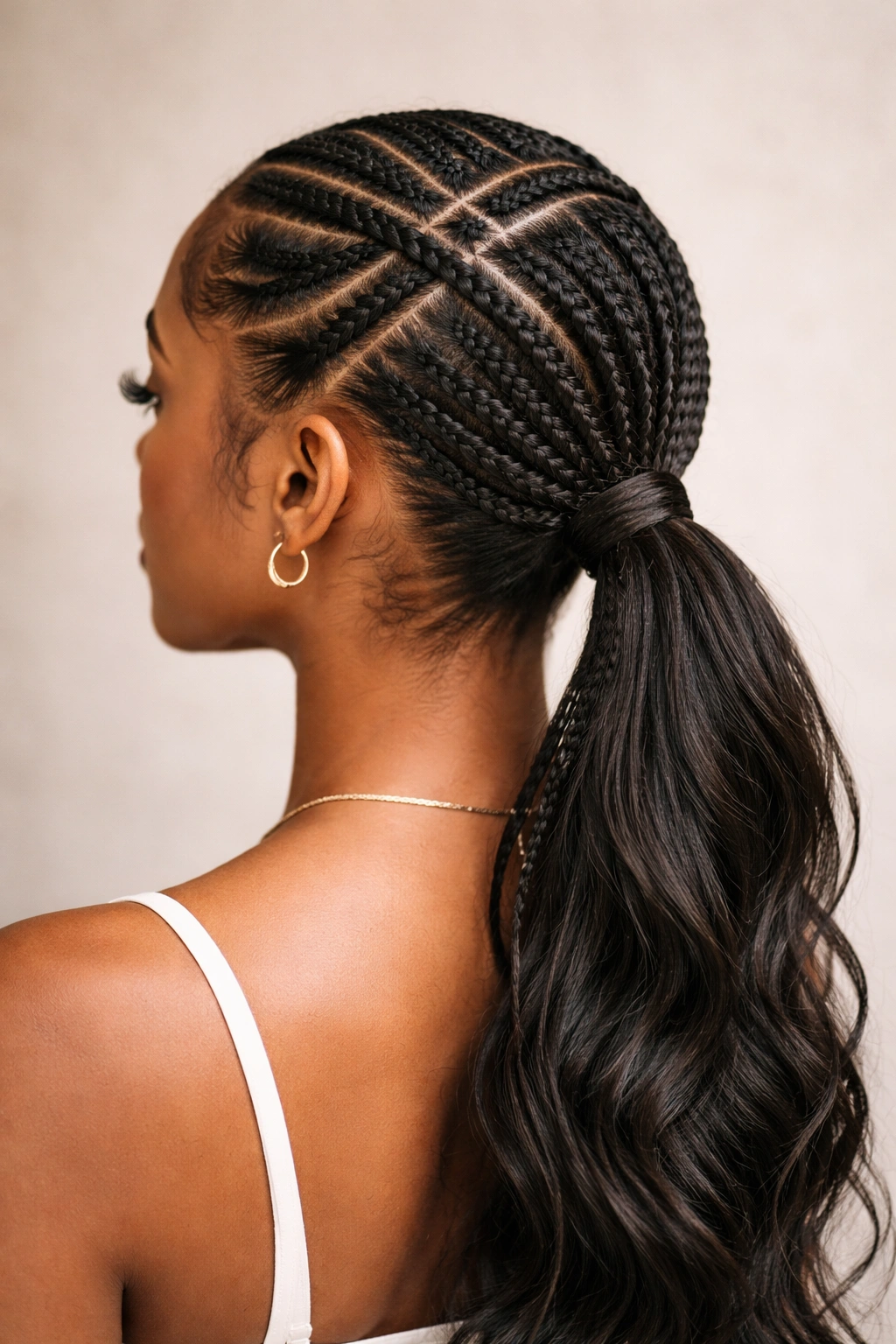 Crisscross-part low cornrow ponytail with intersecting lines at the crown
