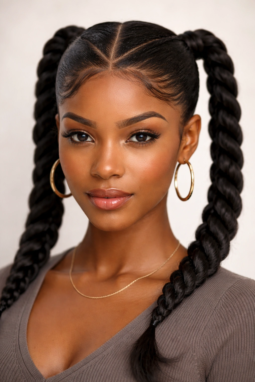 Crisscross part twist double ponytails with visible scalp pattern