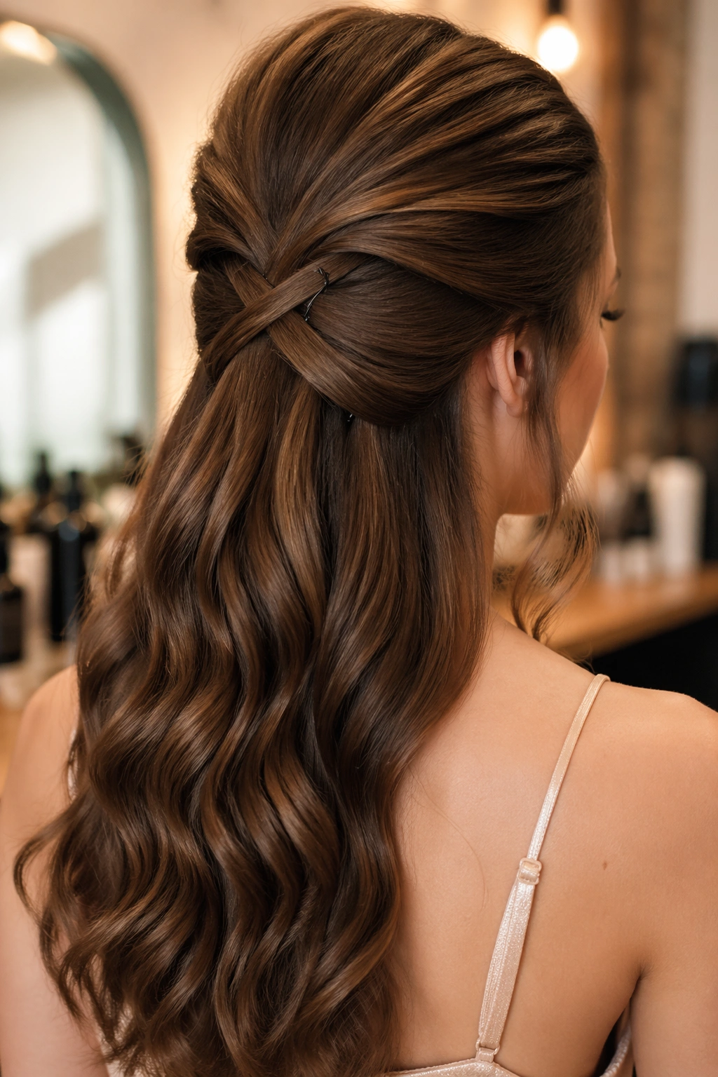Back and side view of a real woman showing crisscross pinback half-up with an X in thick hair.