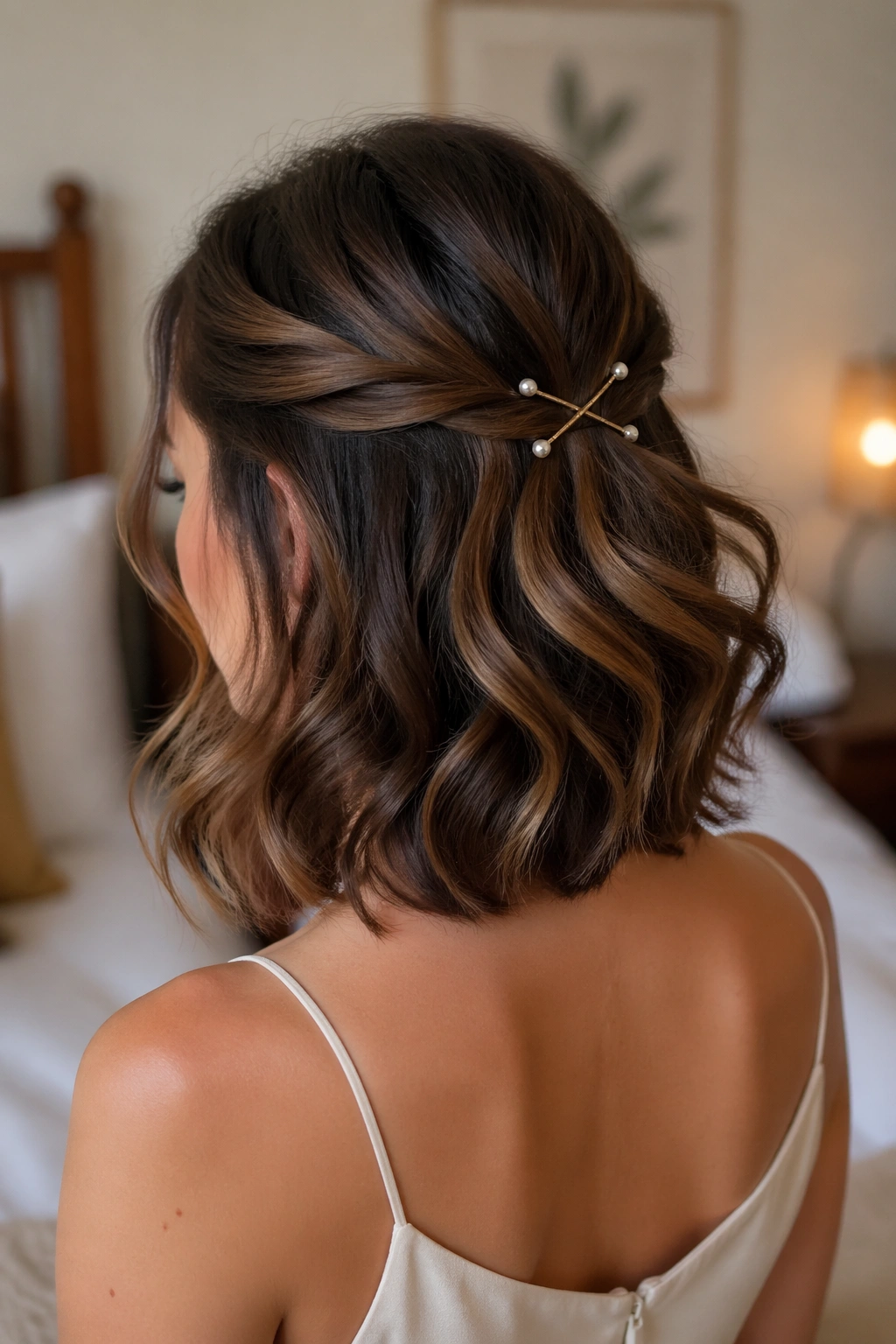 Close-up of a bob with crisscross bobby pins and airy curls.