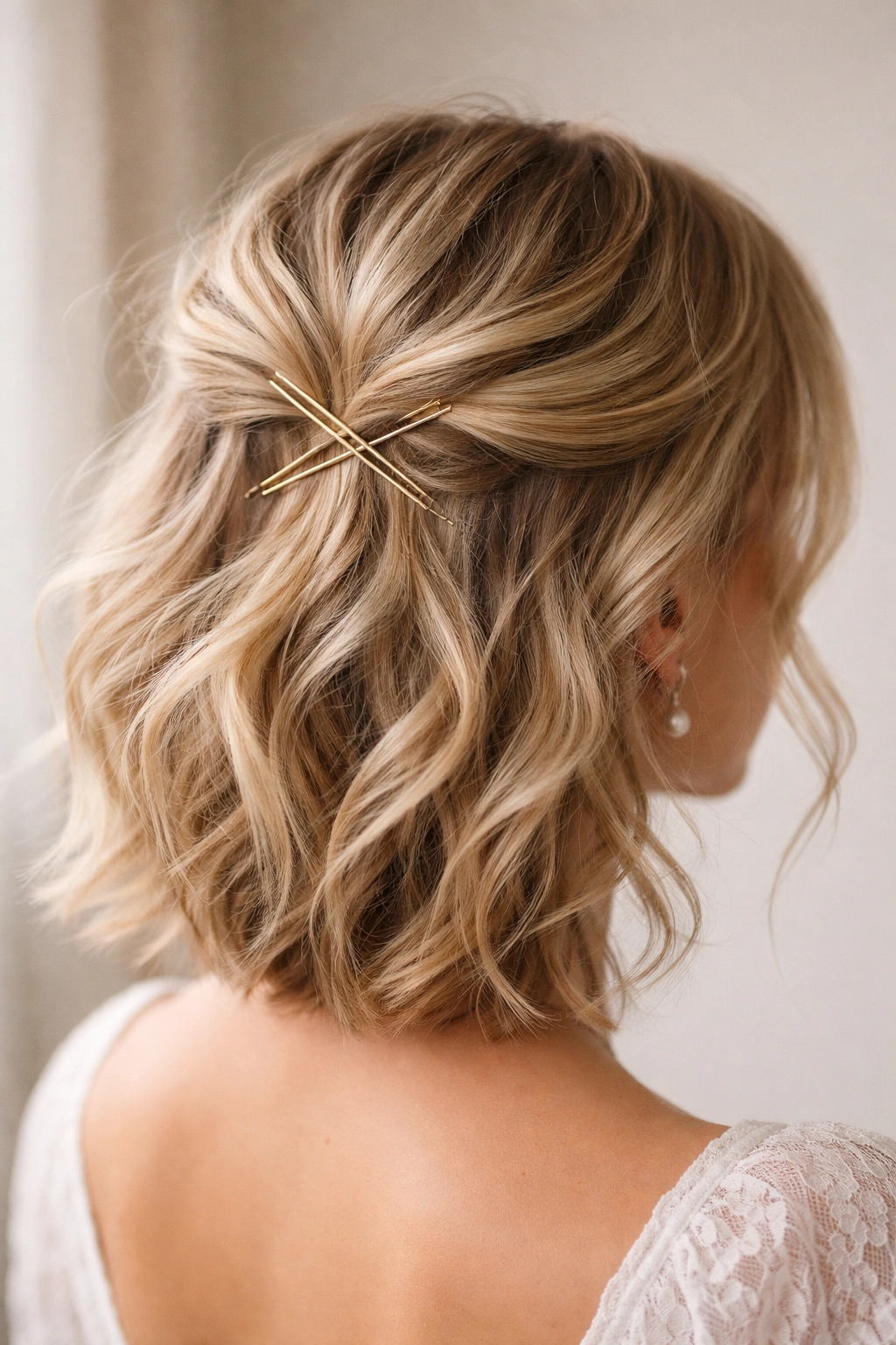 Tousled crown with crisscross hair pins forming an X over short hair