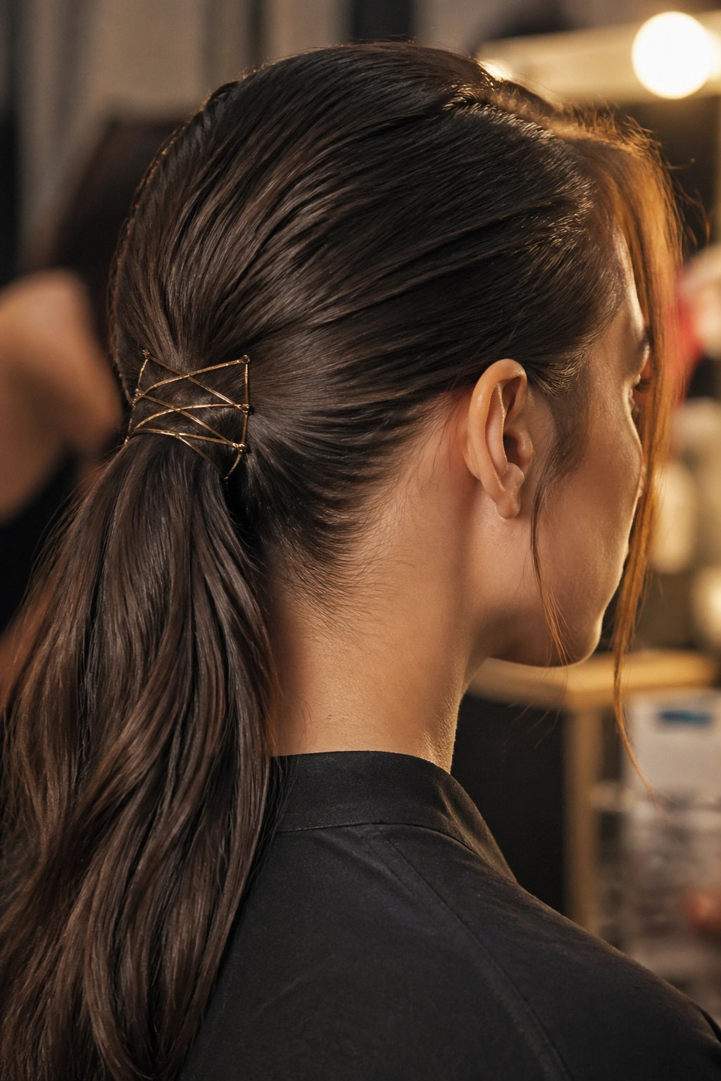 Close-up of a real woman with a crisscross pin ponytail and crossed bobby pins