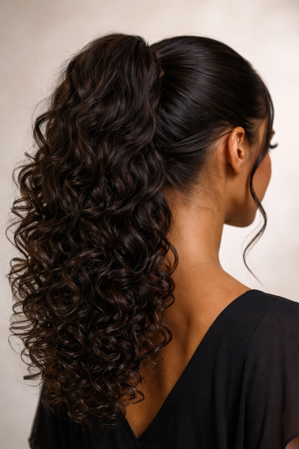 Back view of crisscross base ponytail showing X-shaped pattern at the crown
