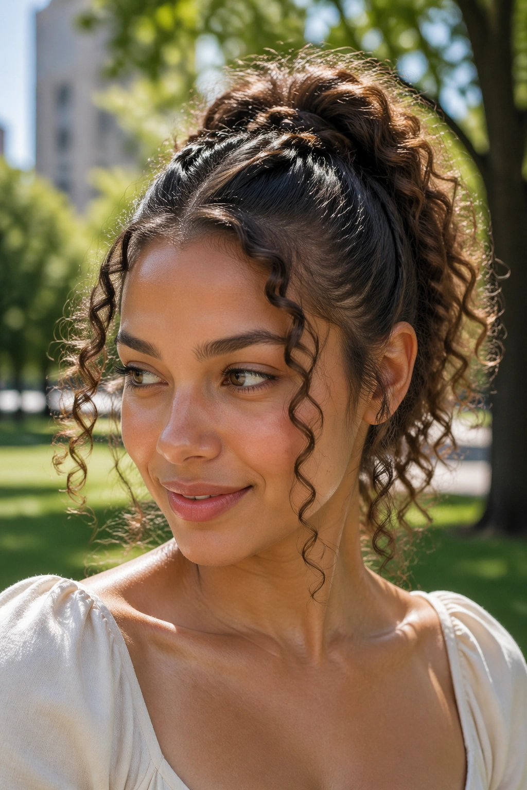 Close-up of real person with crisscross ponytail in park light