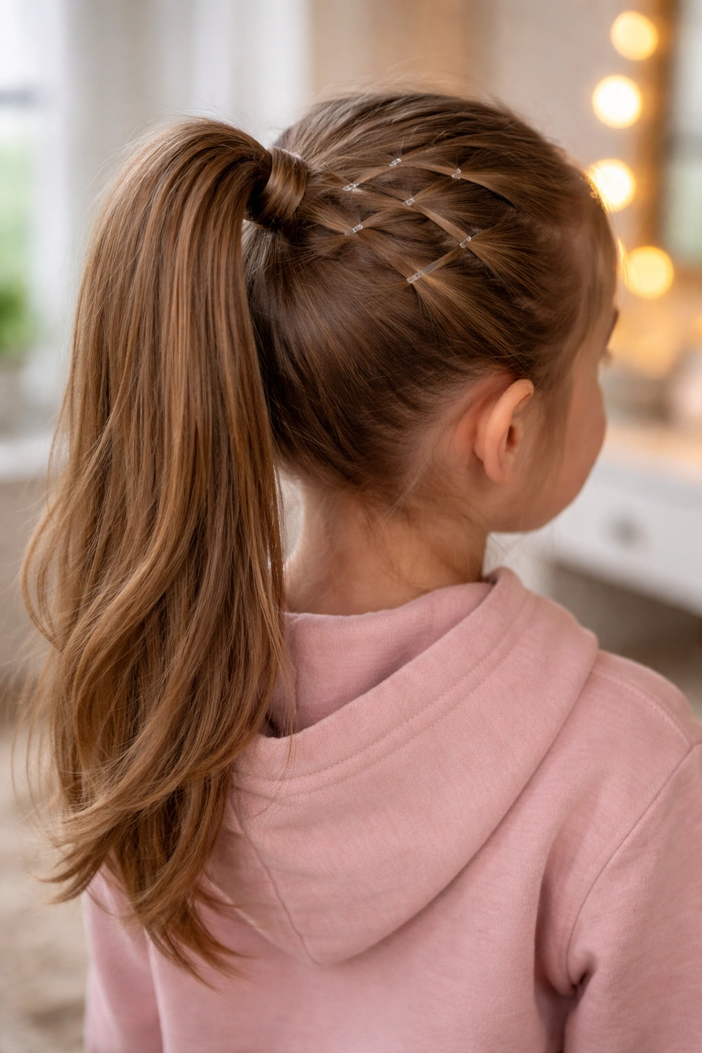 Close-up crisscross elastic crown ponytail on a child in a bedroom mirror