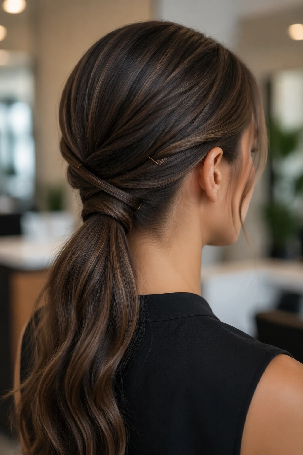 Close-up of a real woman with a crisscross-pinned low ponytail