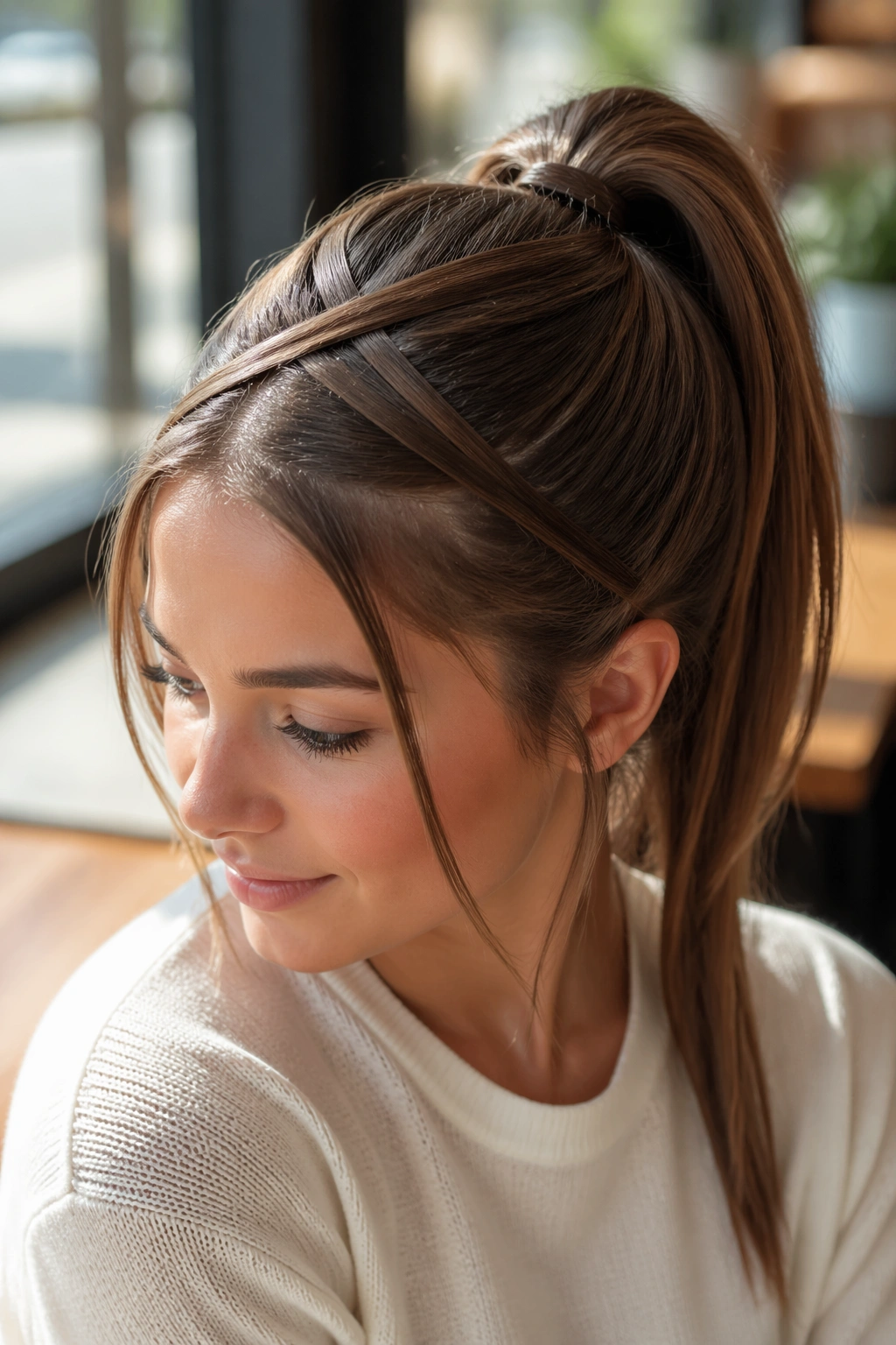 Portrait of a real person with a crisscross sectioned high ponytail