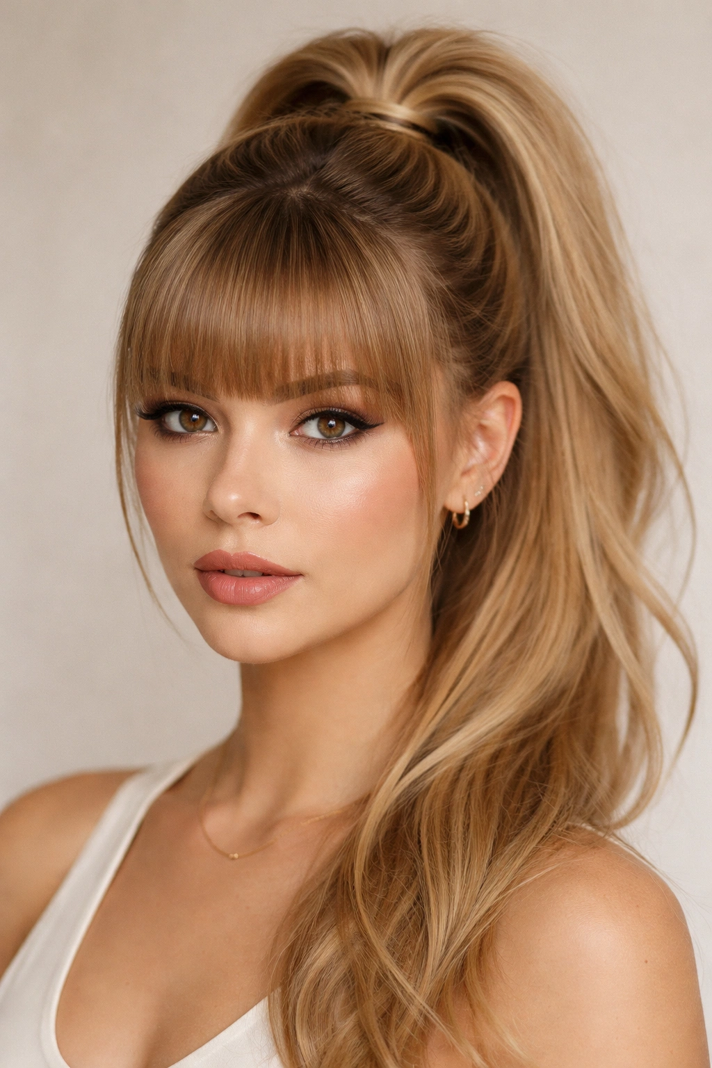 Crisscross ponytail with straight-across bangs from the front.