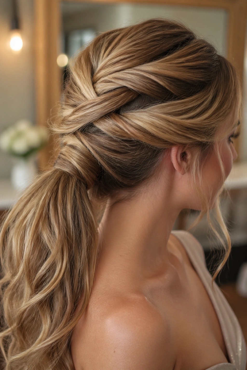 Close-up of a real woman showing crisscrossed front sections into a ponytail