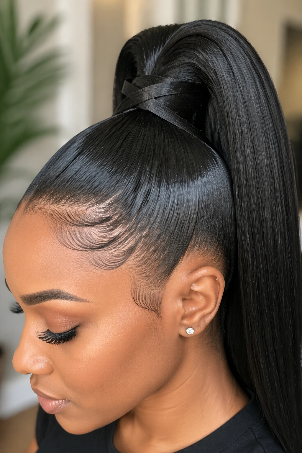 Close-up of a real woman with crisscross quick weave ponytail over the base