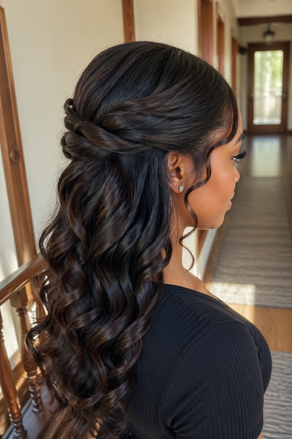 Real woman with crisscross swoop half-up hairstyle.