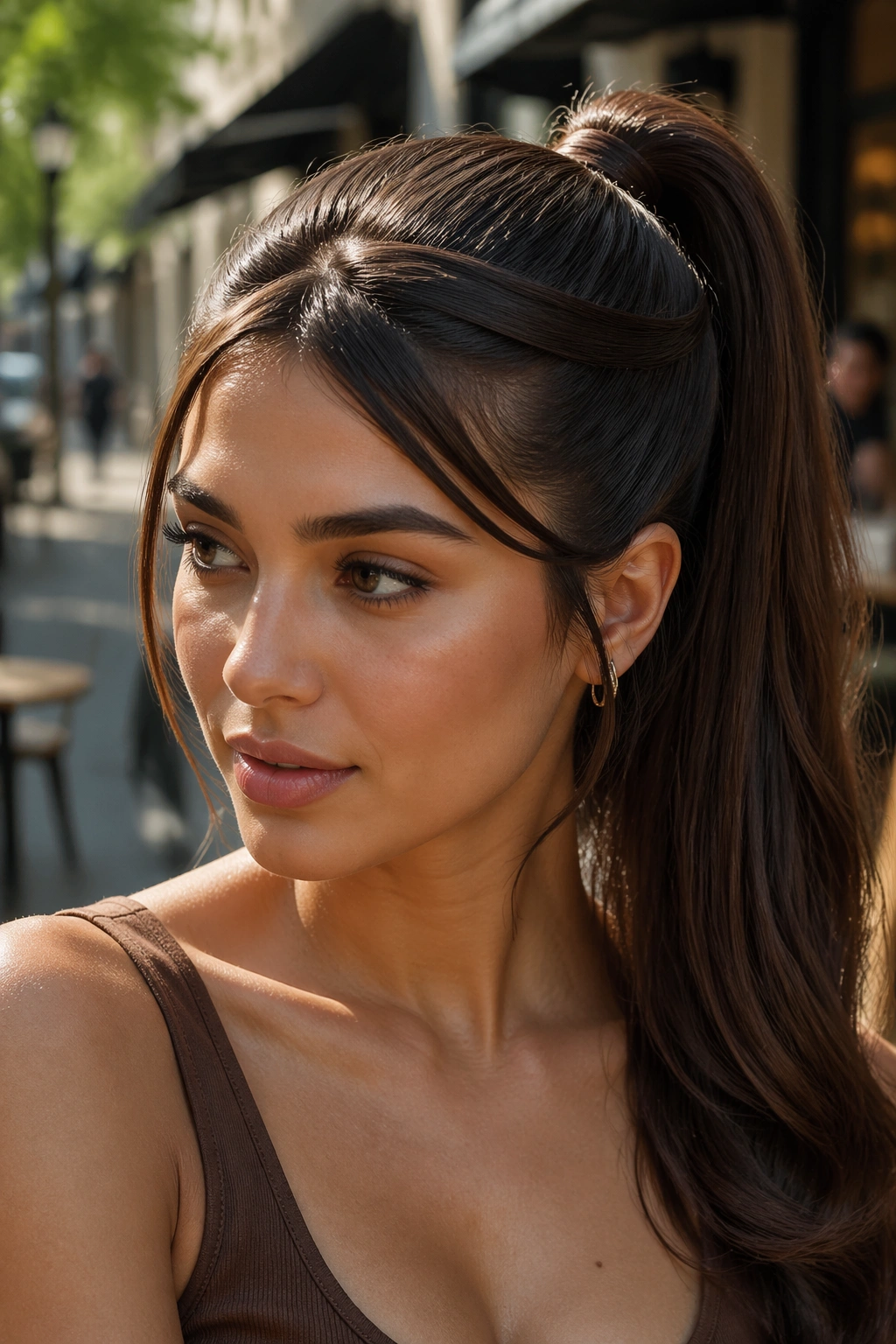 Close-up of a real woman with a crisscross swoop ponytail