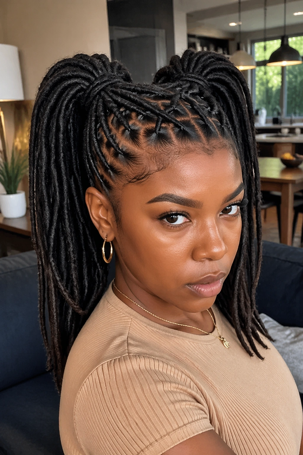 Real person with crisscross front twists into double ponytails