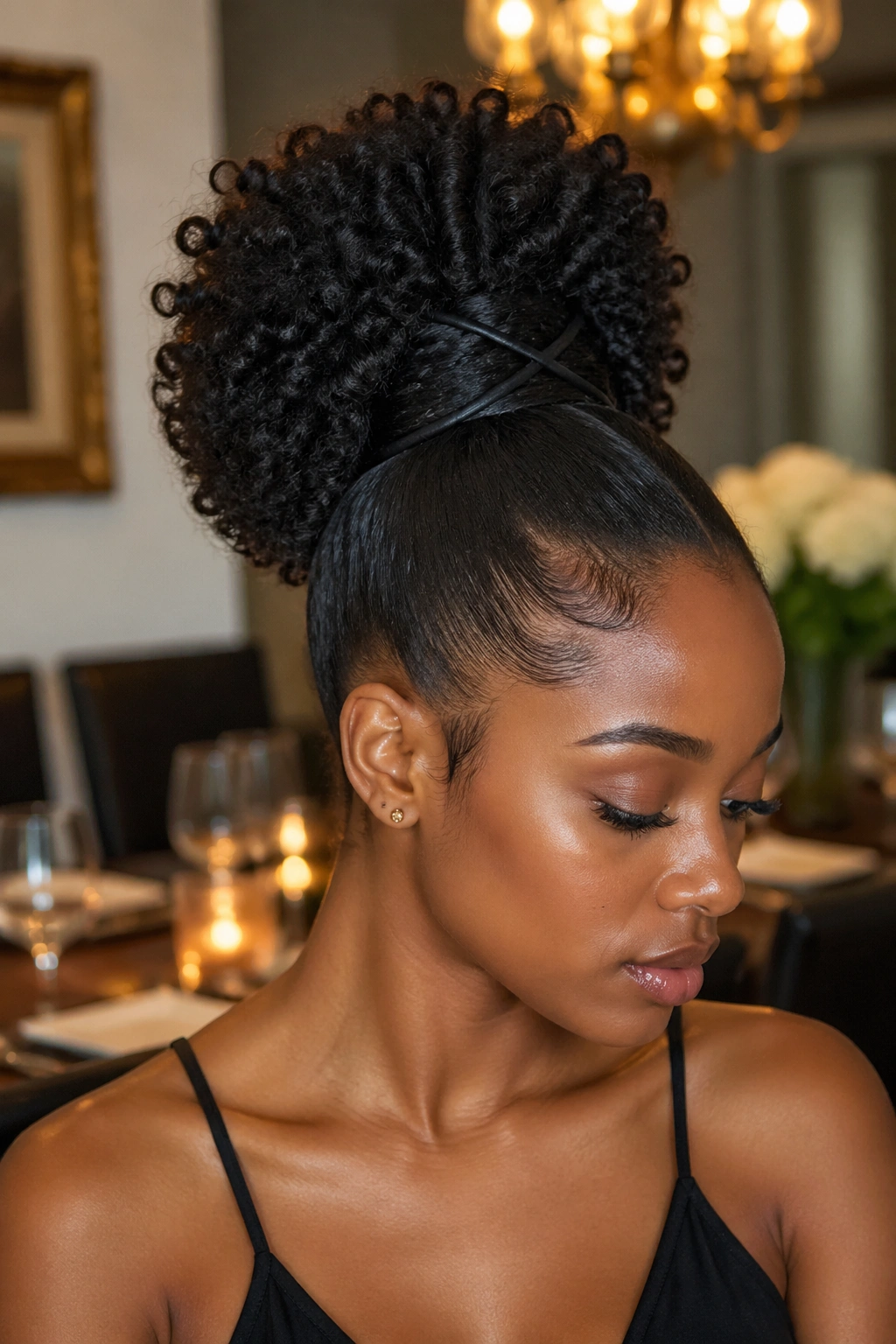 Close-up of a real woman with crisscross wrap high ponytail in indoor setting.