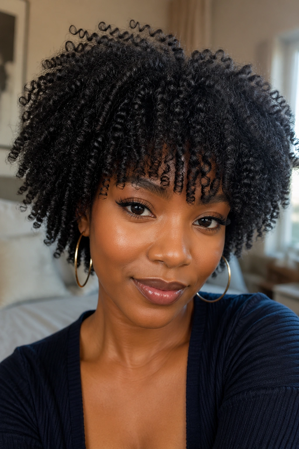 Close-up portrait of a person with crochet afro and bangs.