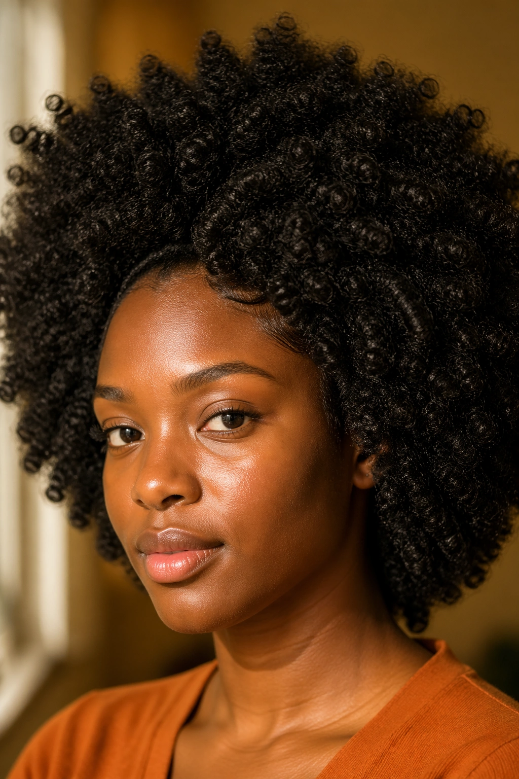 Close-up of a real person with crochet Afro kinky curls forming a full Afro