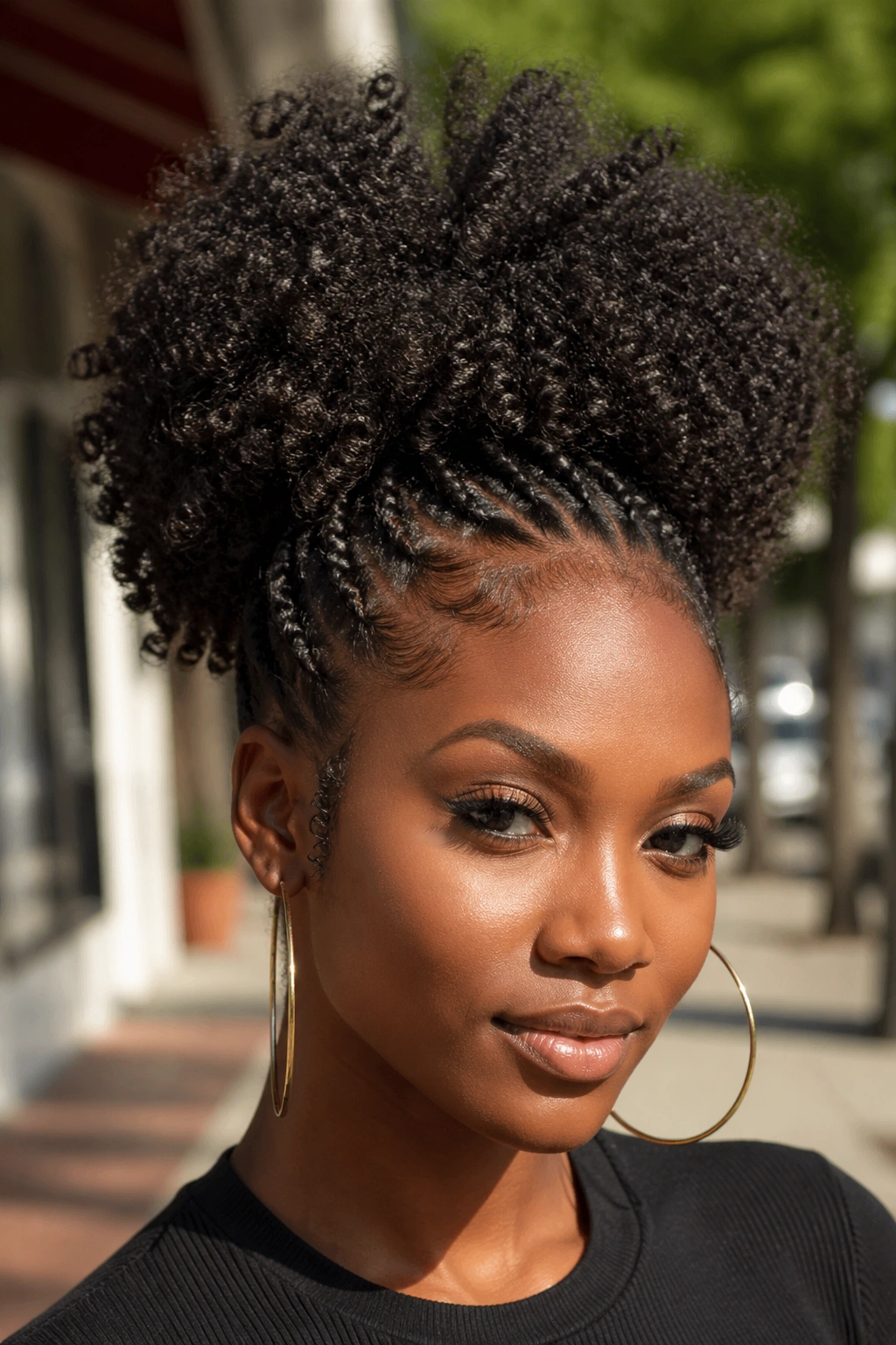 Close-up of a real woman with Crochet Afro Puff Style hairstyle