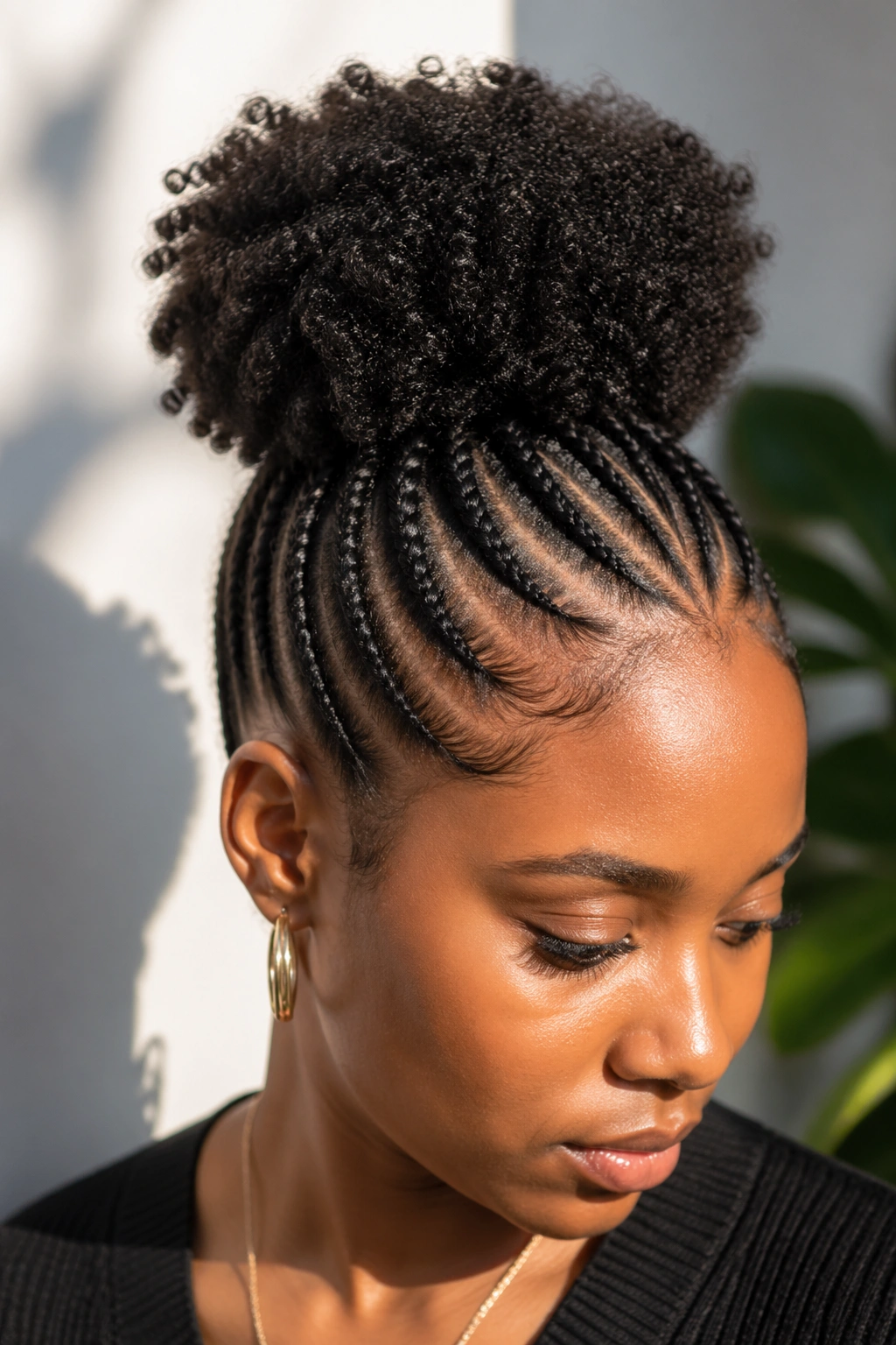Close-up of crochet afro puff at the crown with upward cornrows