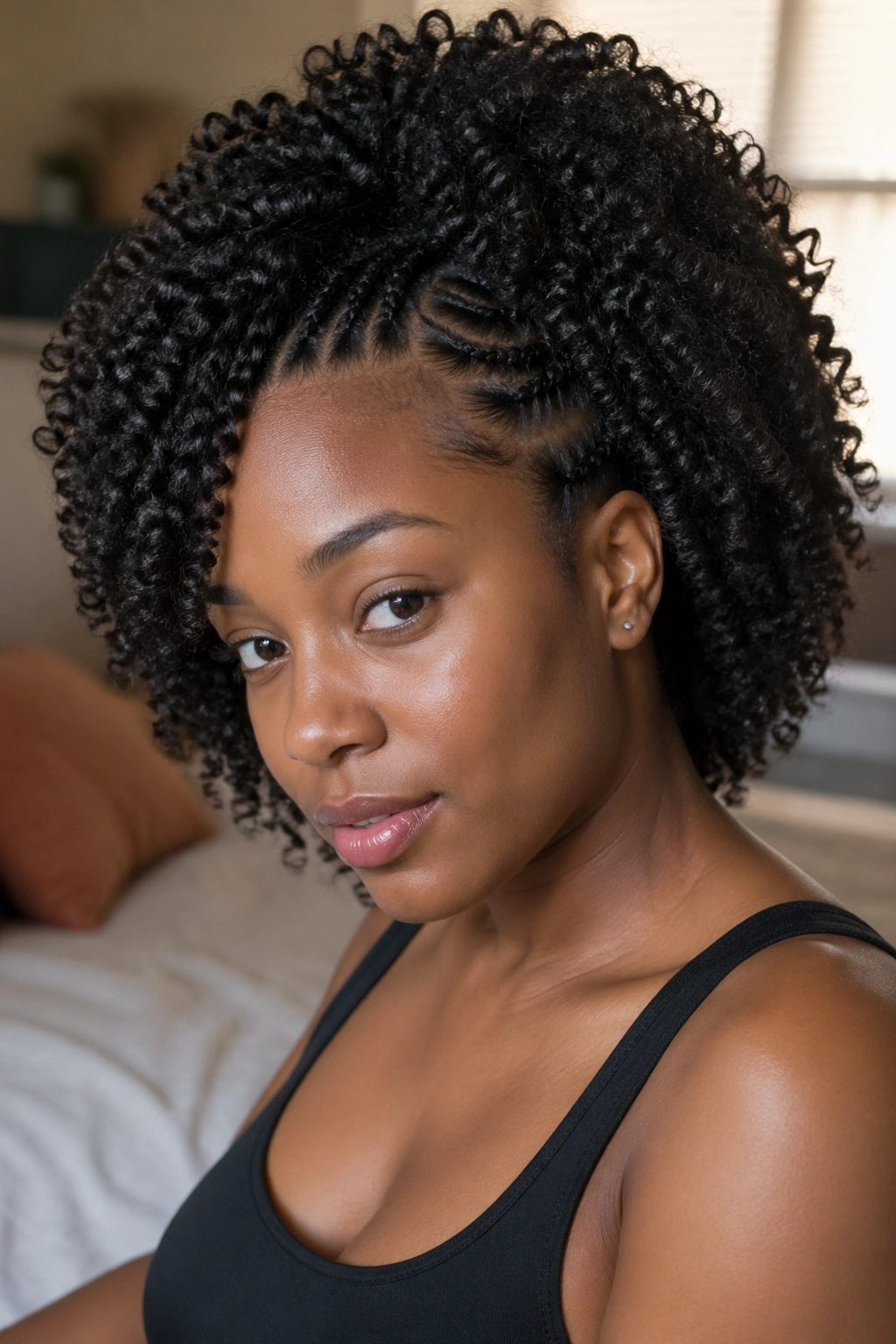 Close-up of a woman with crochet Afro-textured hair blending into natural Afro texture