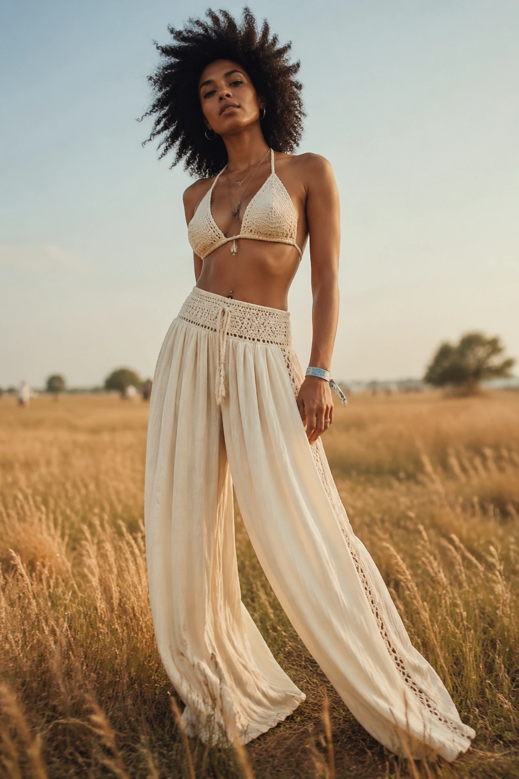 Full-body portrait of a person in crochet bikini top with palazzo pants outdoors