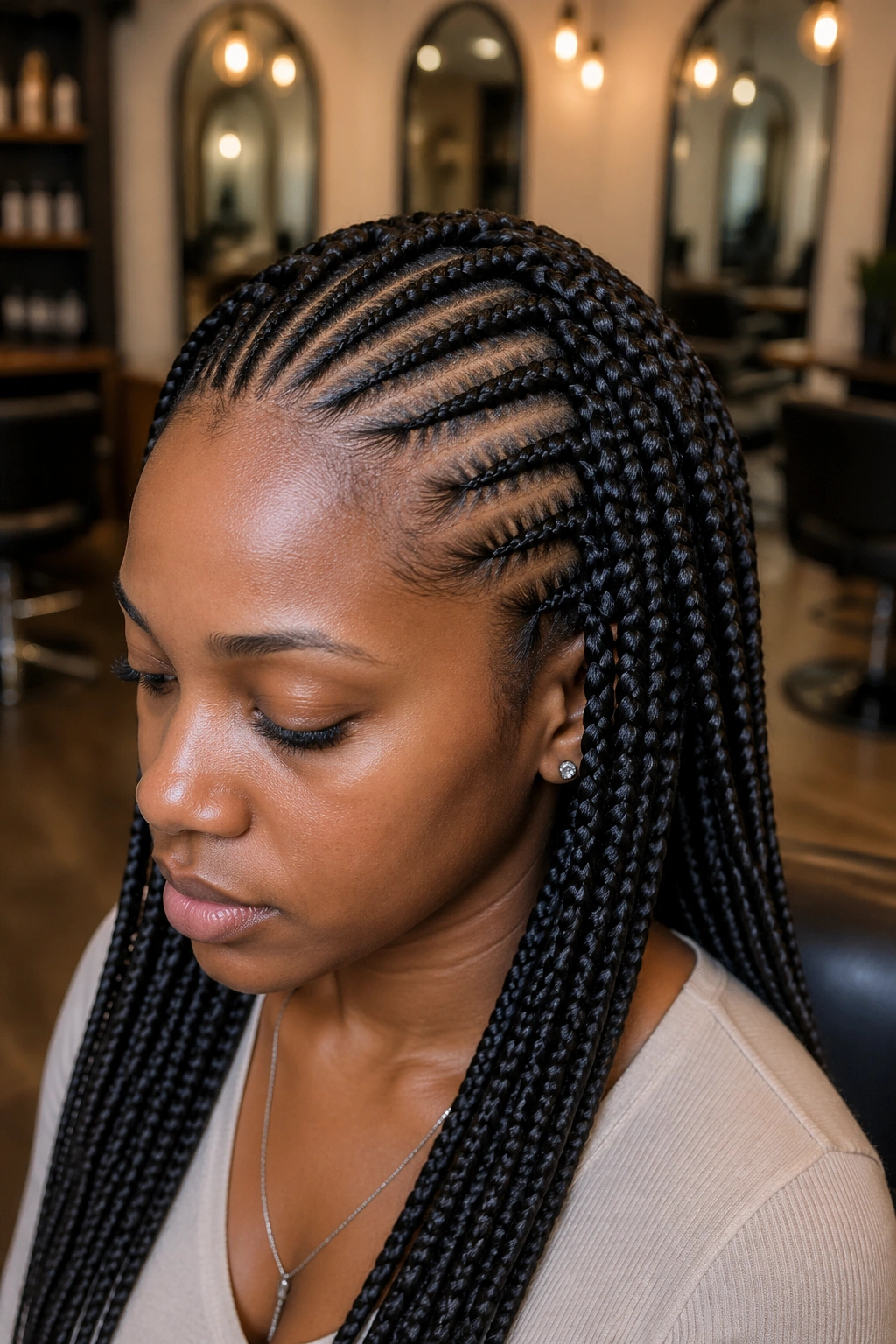 Portrait of a real woman with crochet box braids and visible cornrows