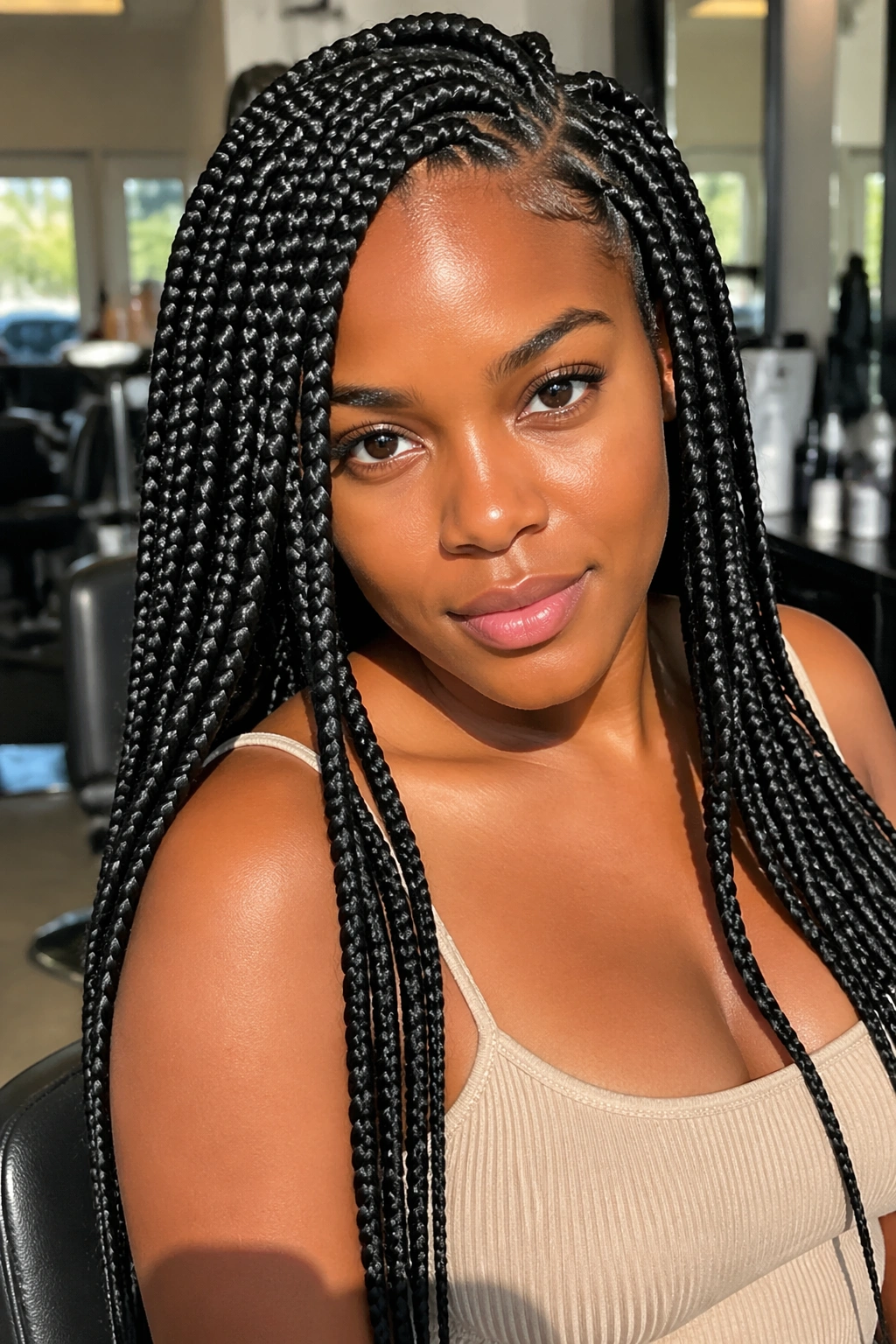 Close-up portrait of a real woman with crochet box braids in a sunlit salon