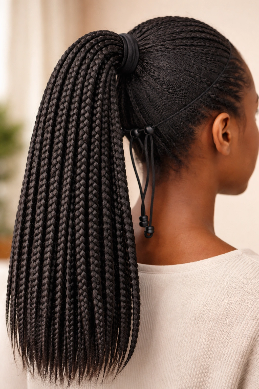 Crochet braided ponytail extension with drawstring base tucked hair neatly