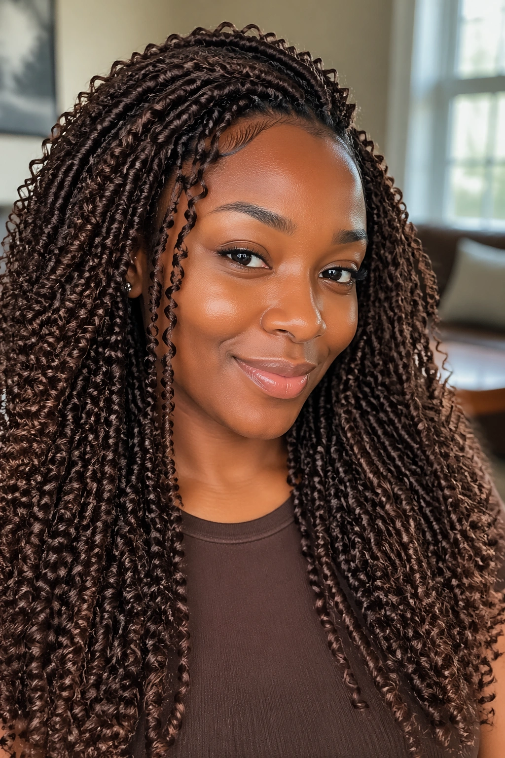 Close-up of a real woman with chocolate brown crochet braids and curly extensions