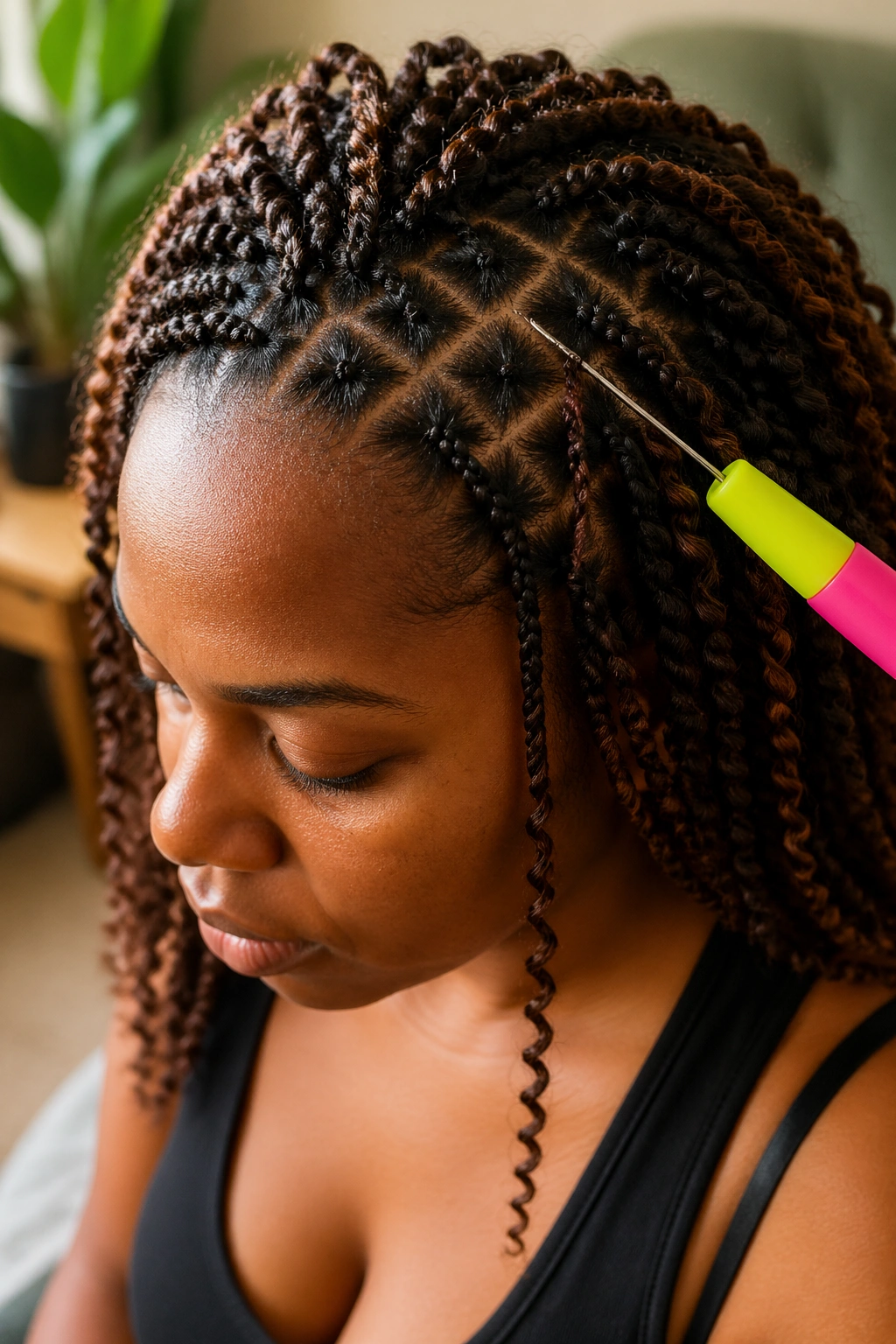 Close-up portrait of a real person with crochet braids attached to cornrows