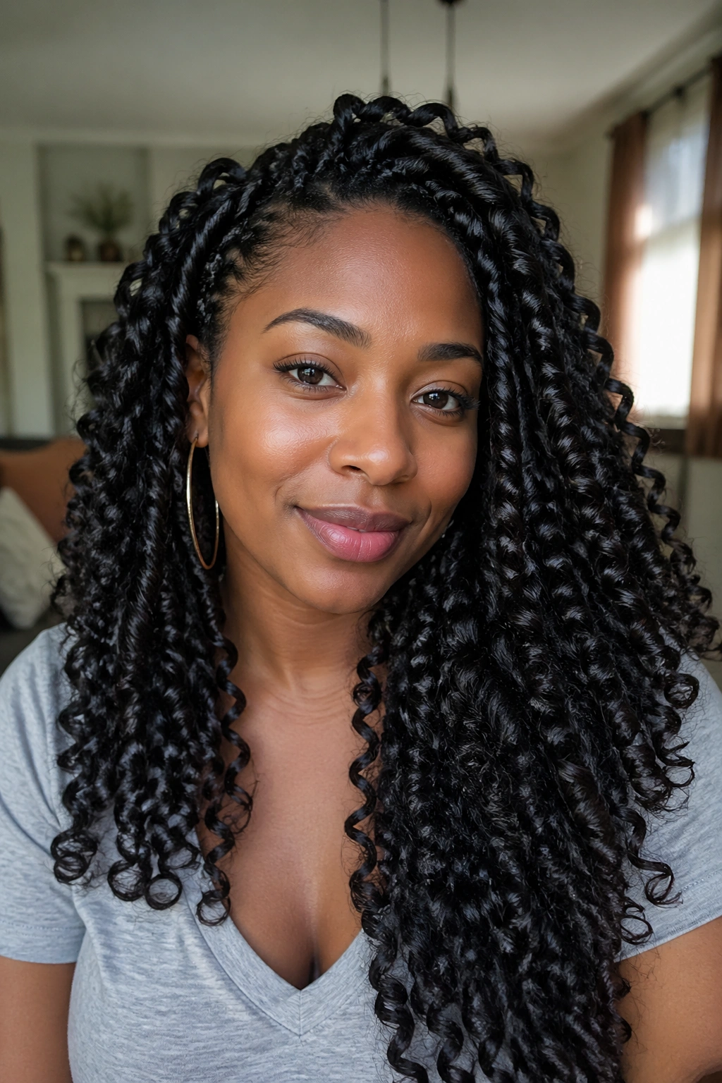 Close-up of a real person wearing crochet braids with curly extensions