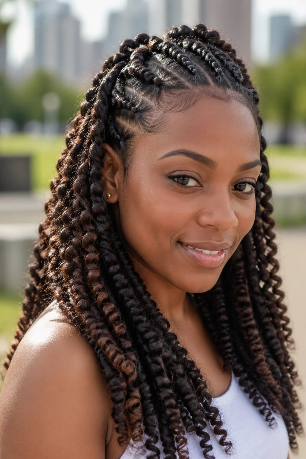 Close-up portrait of crochet braids for longevity on a real person, cornrows and loops visible.