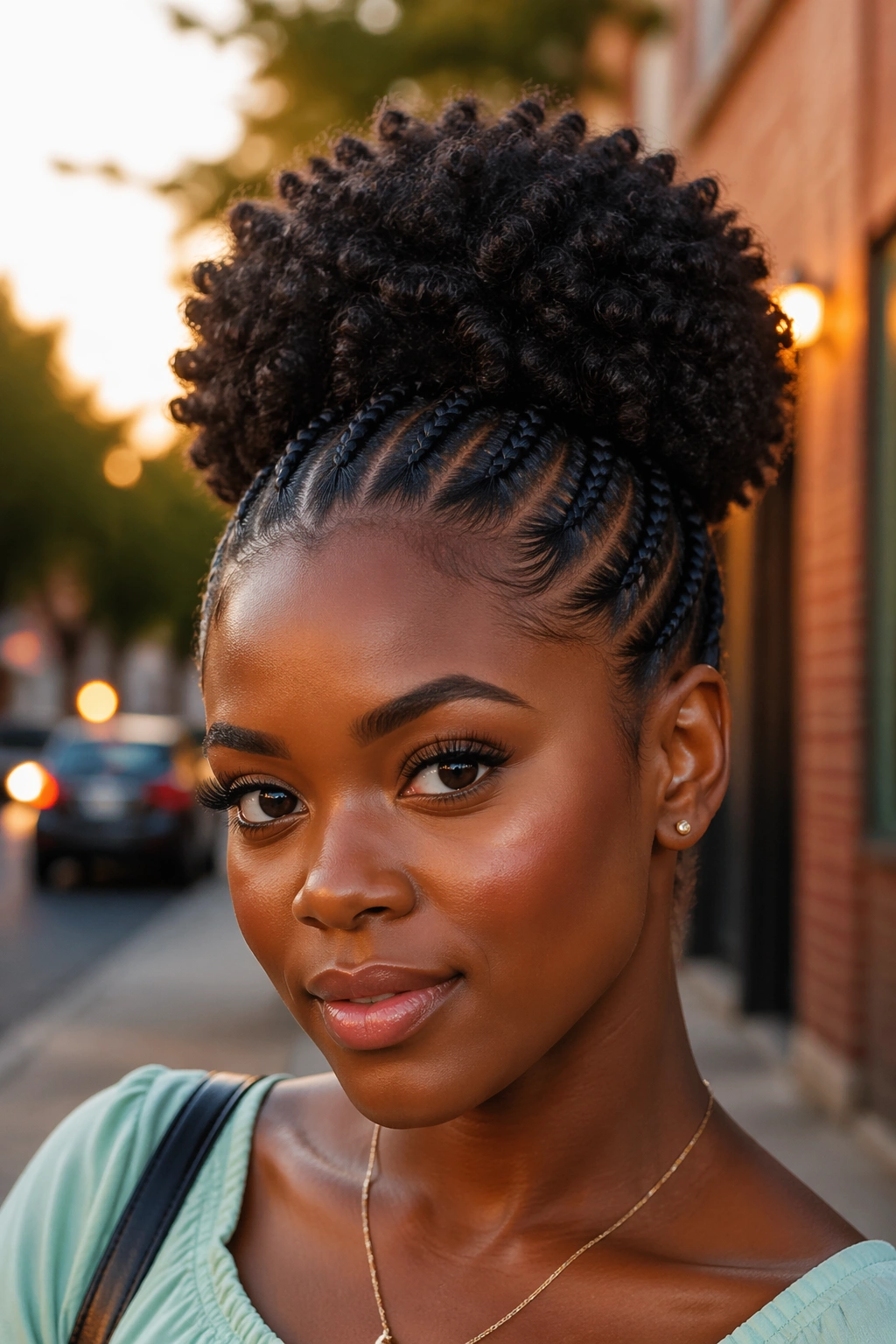 Close-up of a real woman with crochet cornrows and an afro puff in an outdoor urban setting