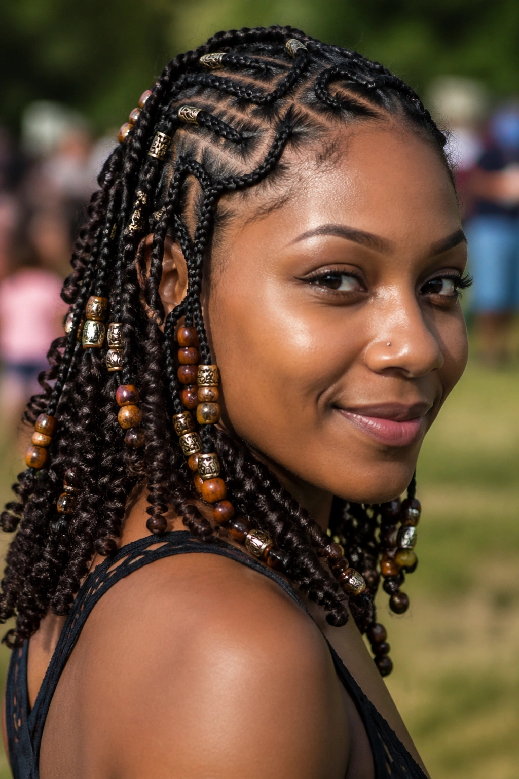 Close-up of crochet cornrows with beaded curls and strategic beads in festival setting