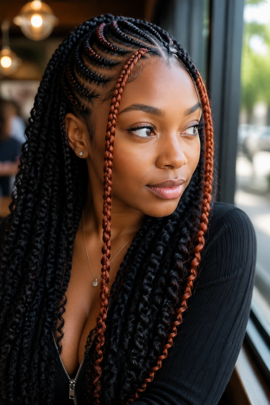 Close-up of crochet cornrows with color streaks at the front