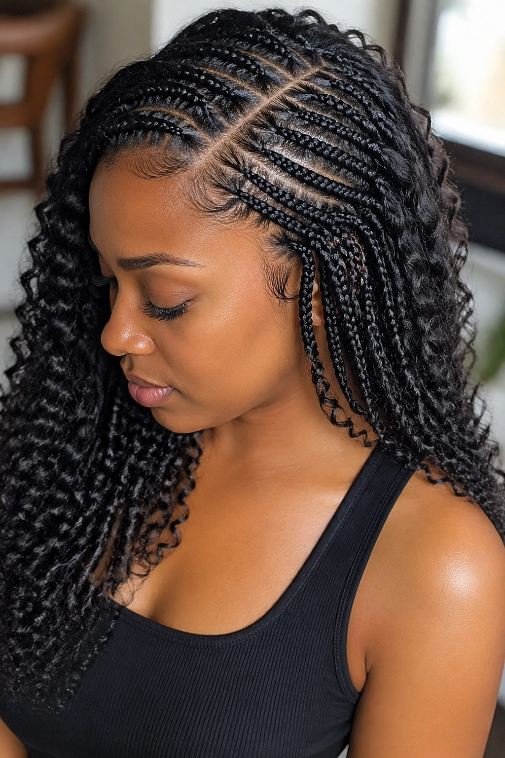 Close-up of crochet cornrows with a deep side part and waterfall framing