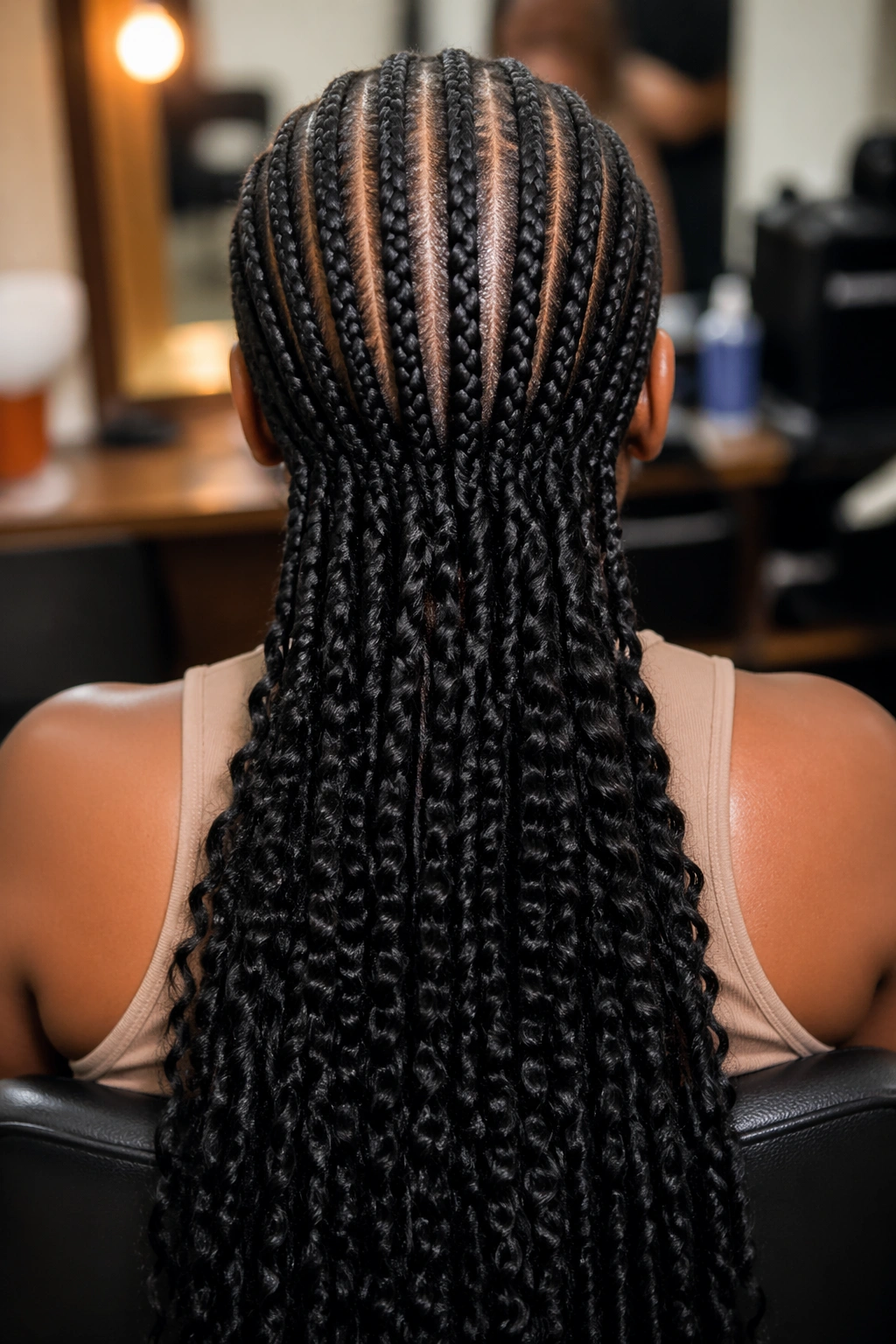 Back view of a real person with straight back crochet cornrows