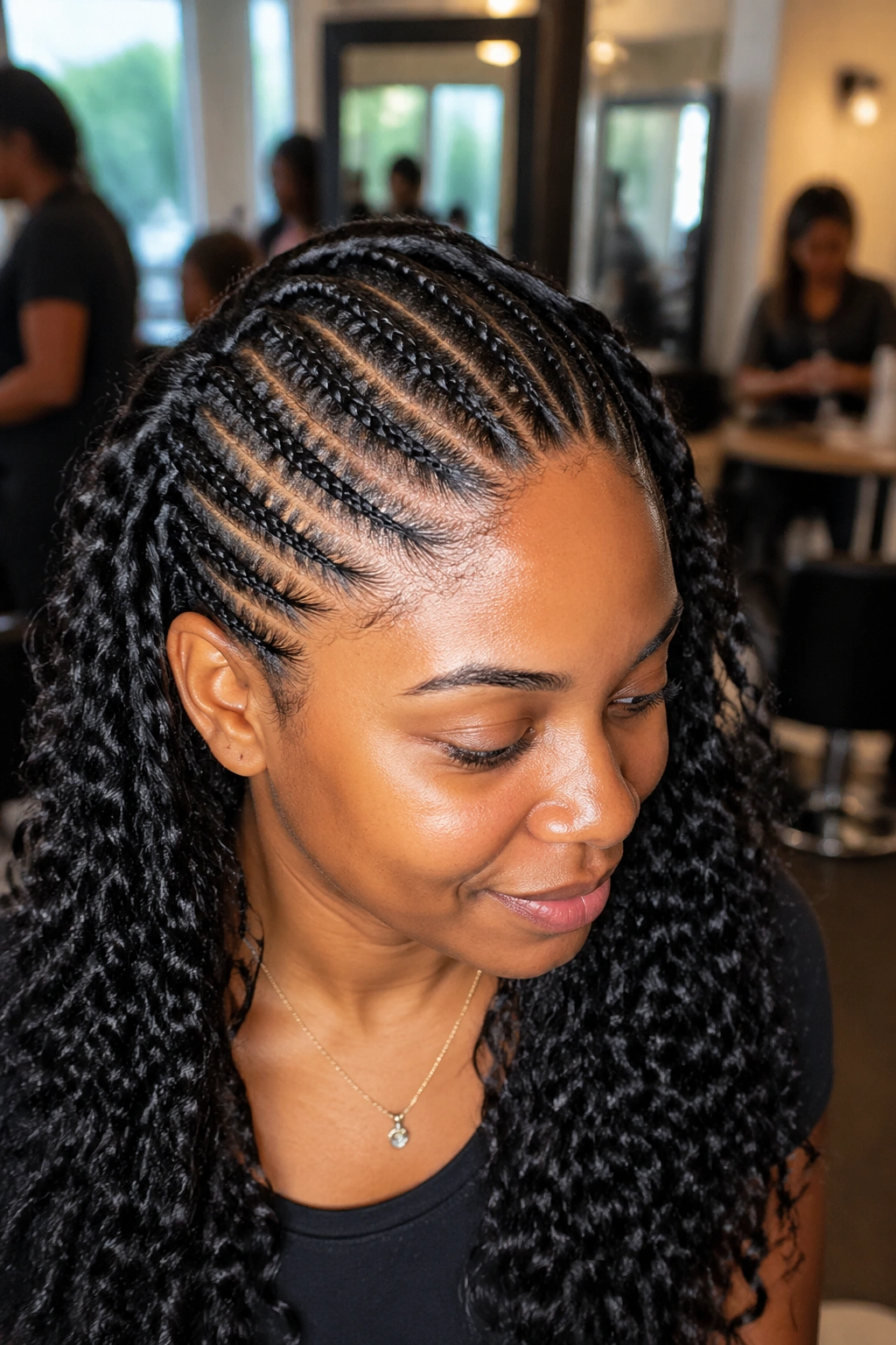 Close-up of a real person showcasing crochet cornrows as a time-saving protective hairstyle in a salon