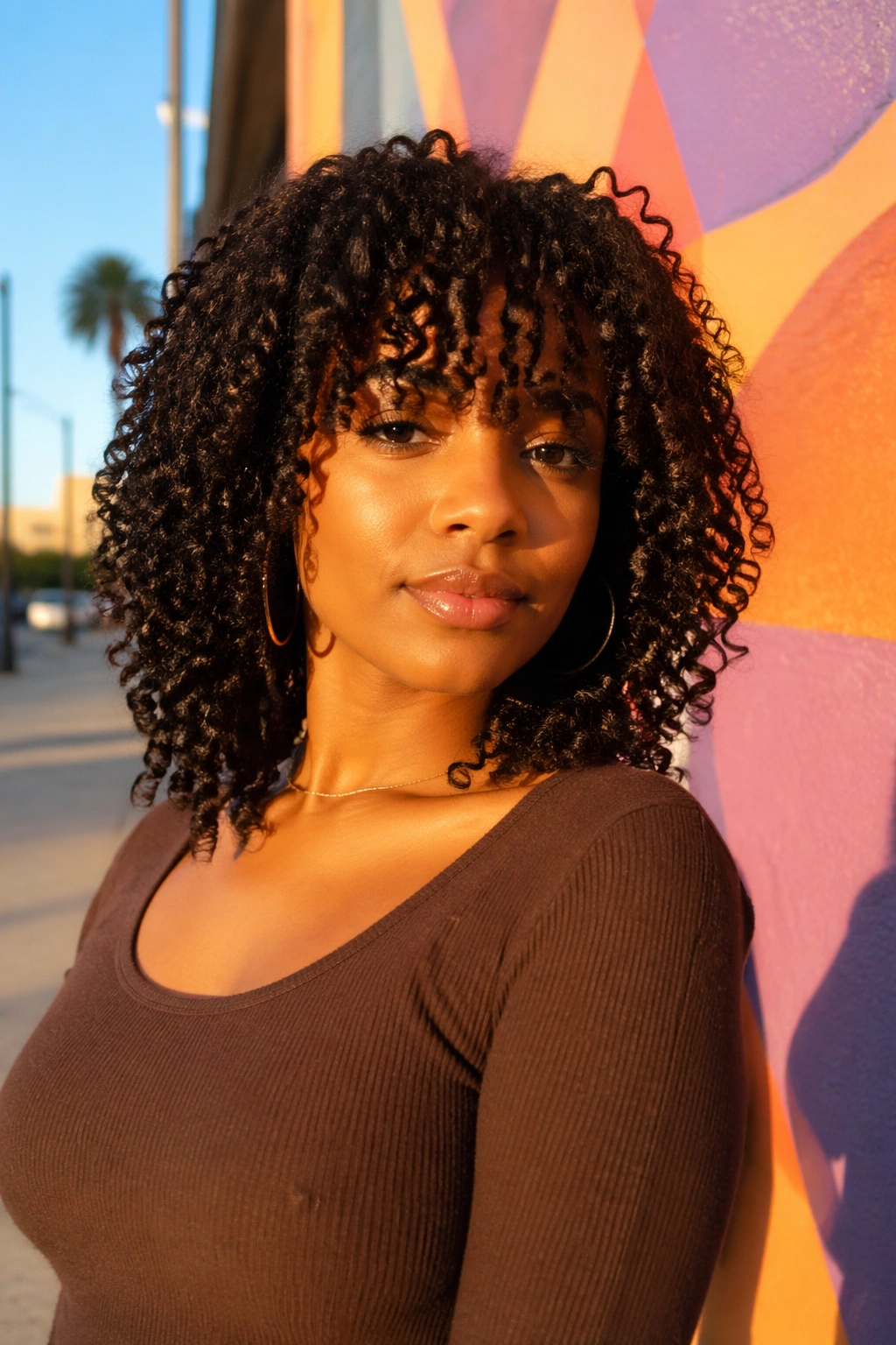 Crochet curl bangs on model outdoors