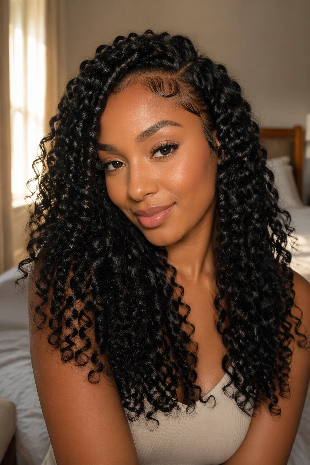 Close-up of a Black woman with crochet curls and soft edges