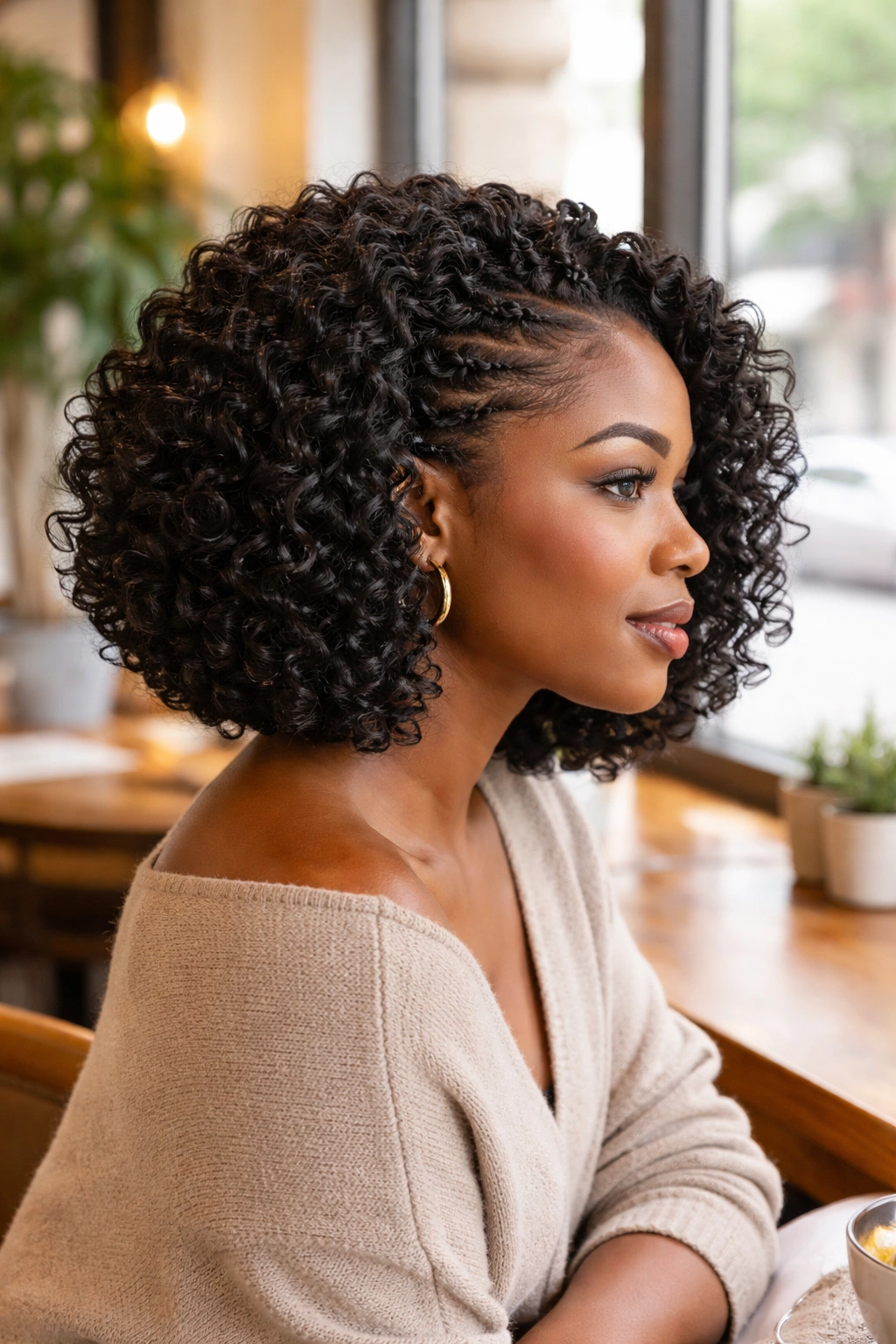 Crochet curly bob in side profile showing shape and texture.