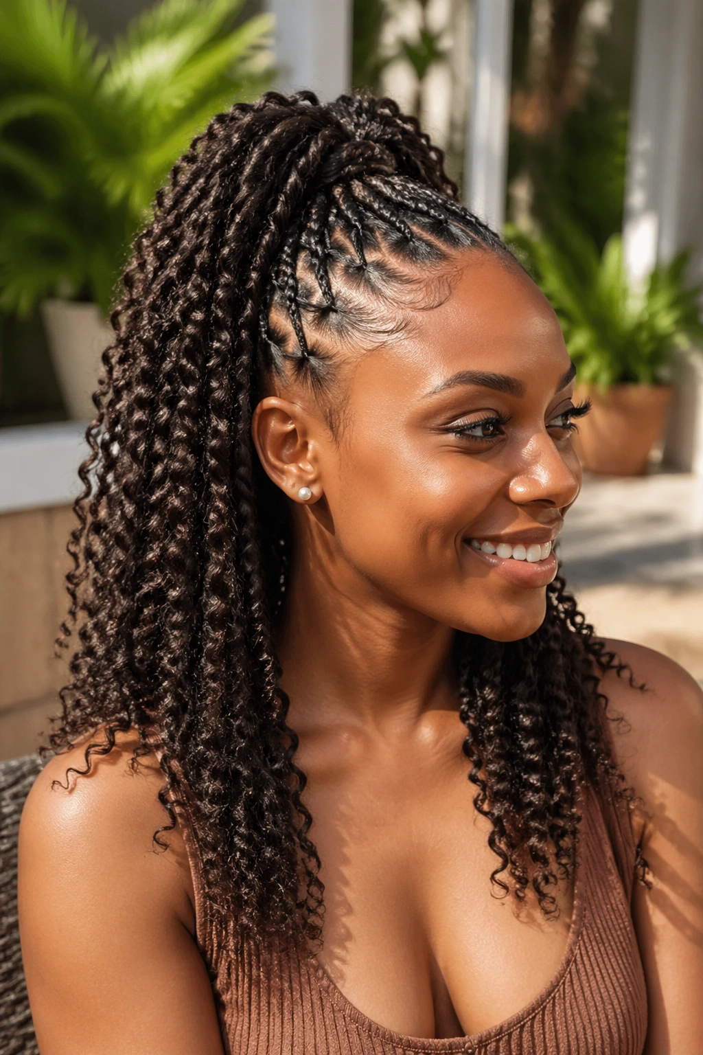 Close-up portrait of a woman with crochet extension pondo in garden light