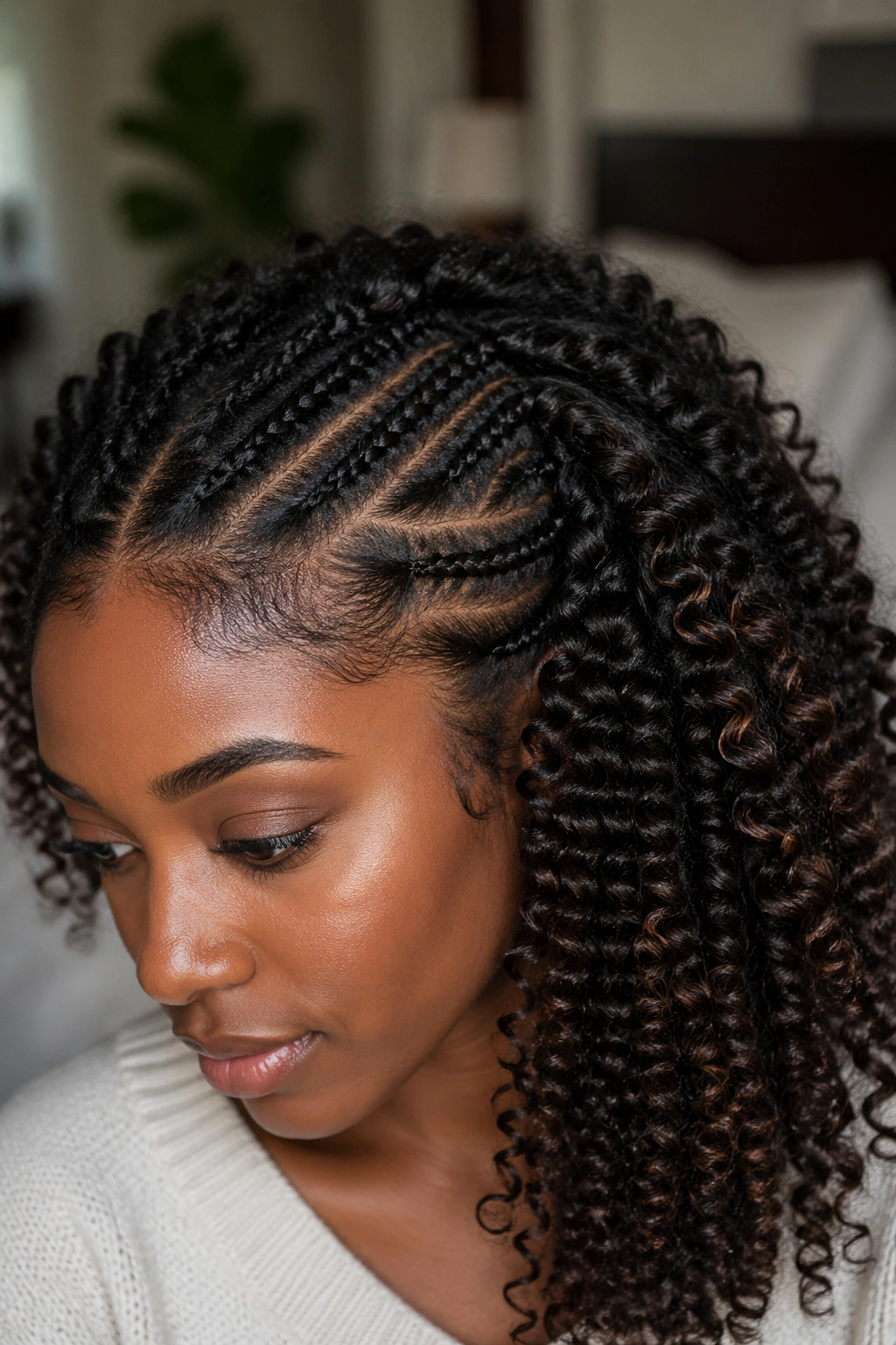 Close-up of crochet curl extensions blended with natural curls on a real person