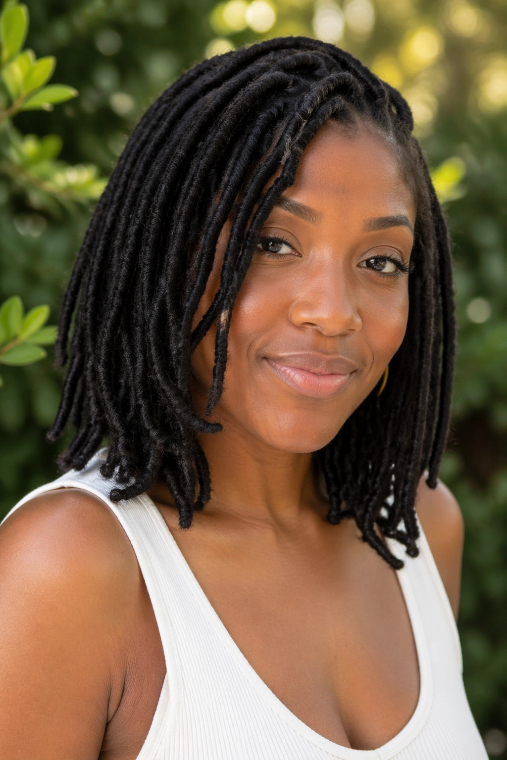 Real person with shoulder-length crochet faux locs in outdoor setting